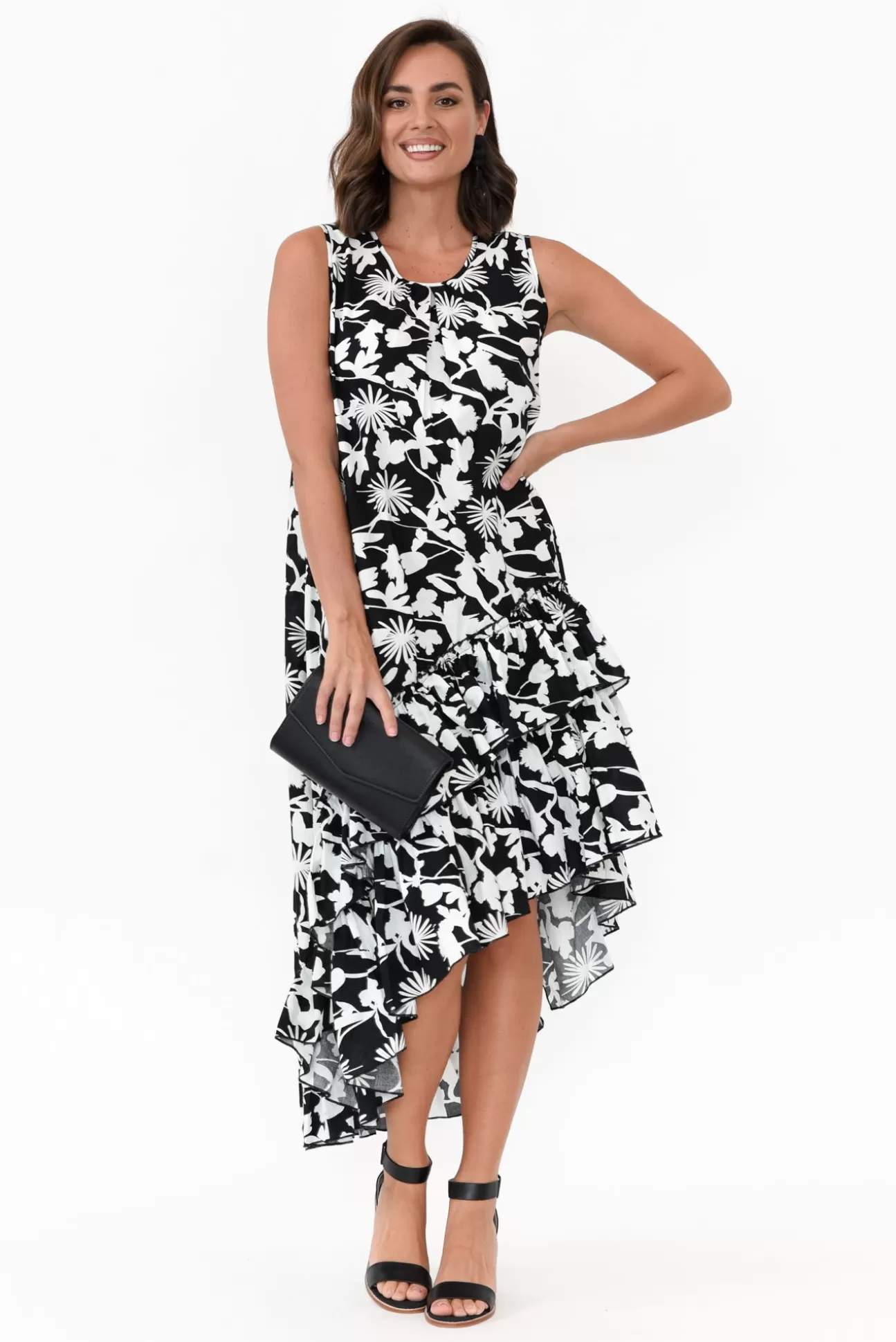 Slate the Label Seren Black Floral Cotton Poplin Ruffle Dress Shop