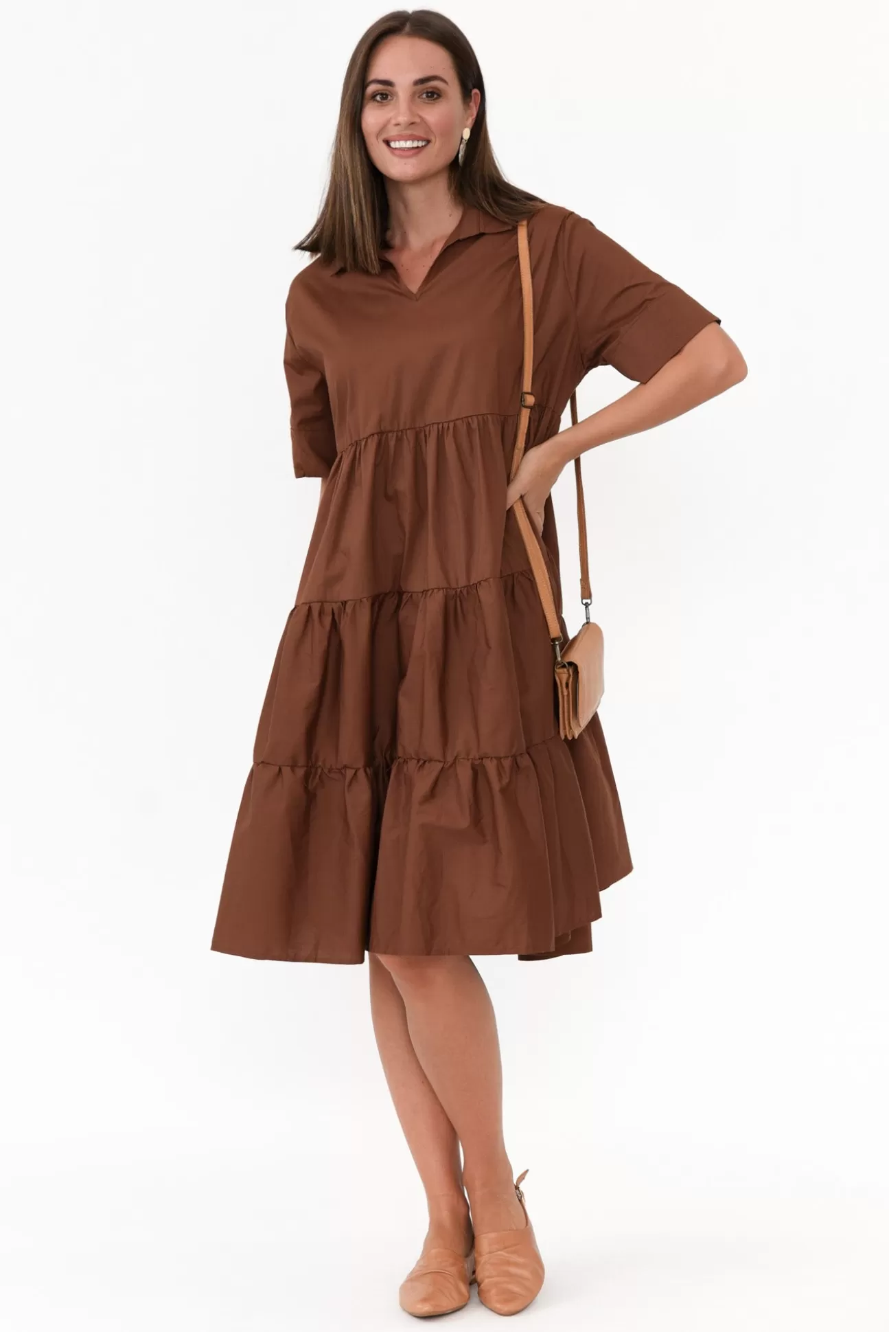 PQ Serenity Brown Cotton Tiered Dress Shop