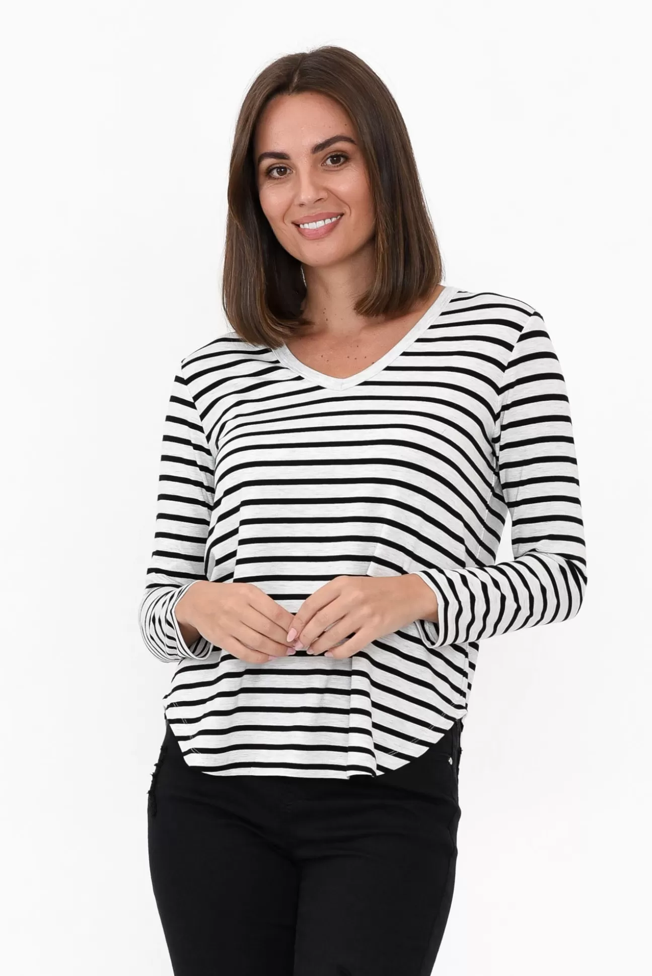 Lou Lou Sia Grey Stripe Bamboo V Neck Top Store