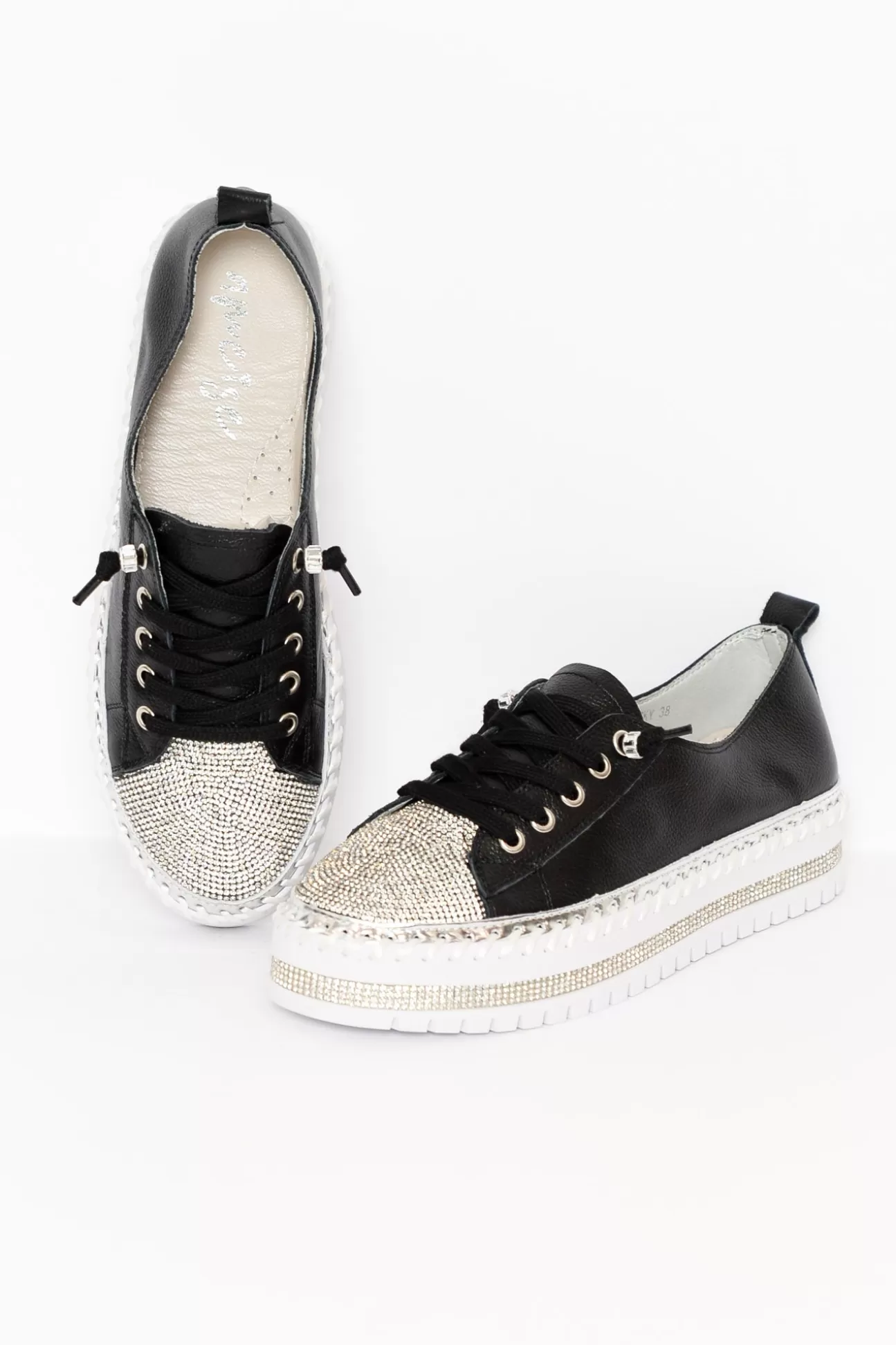 Ameise Sky Black Leather Diamante Sneaker Fashion