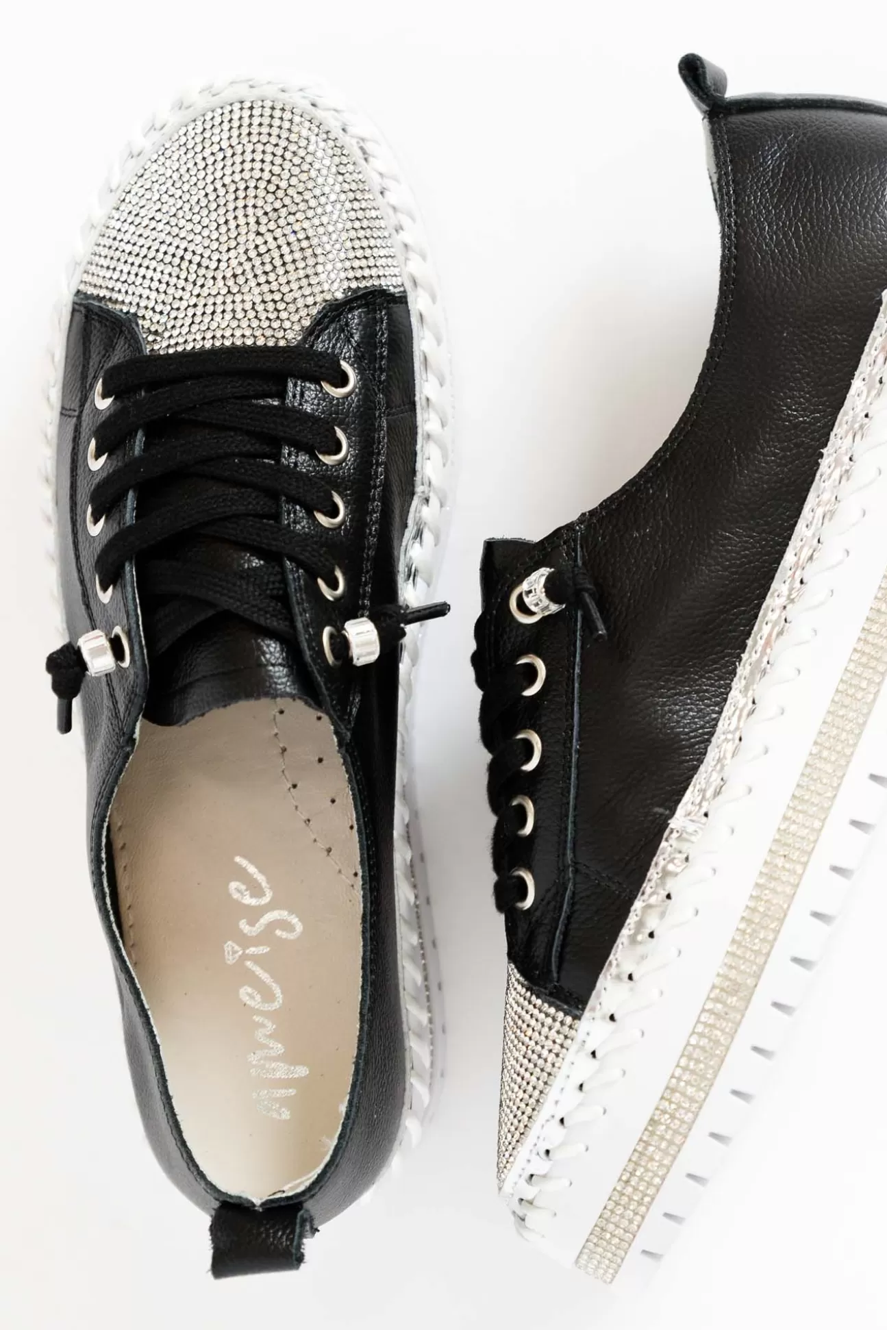 Ameise Sky Black Leather Diamante Sneaker Fashion