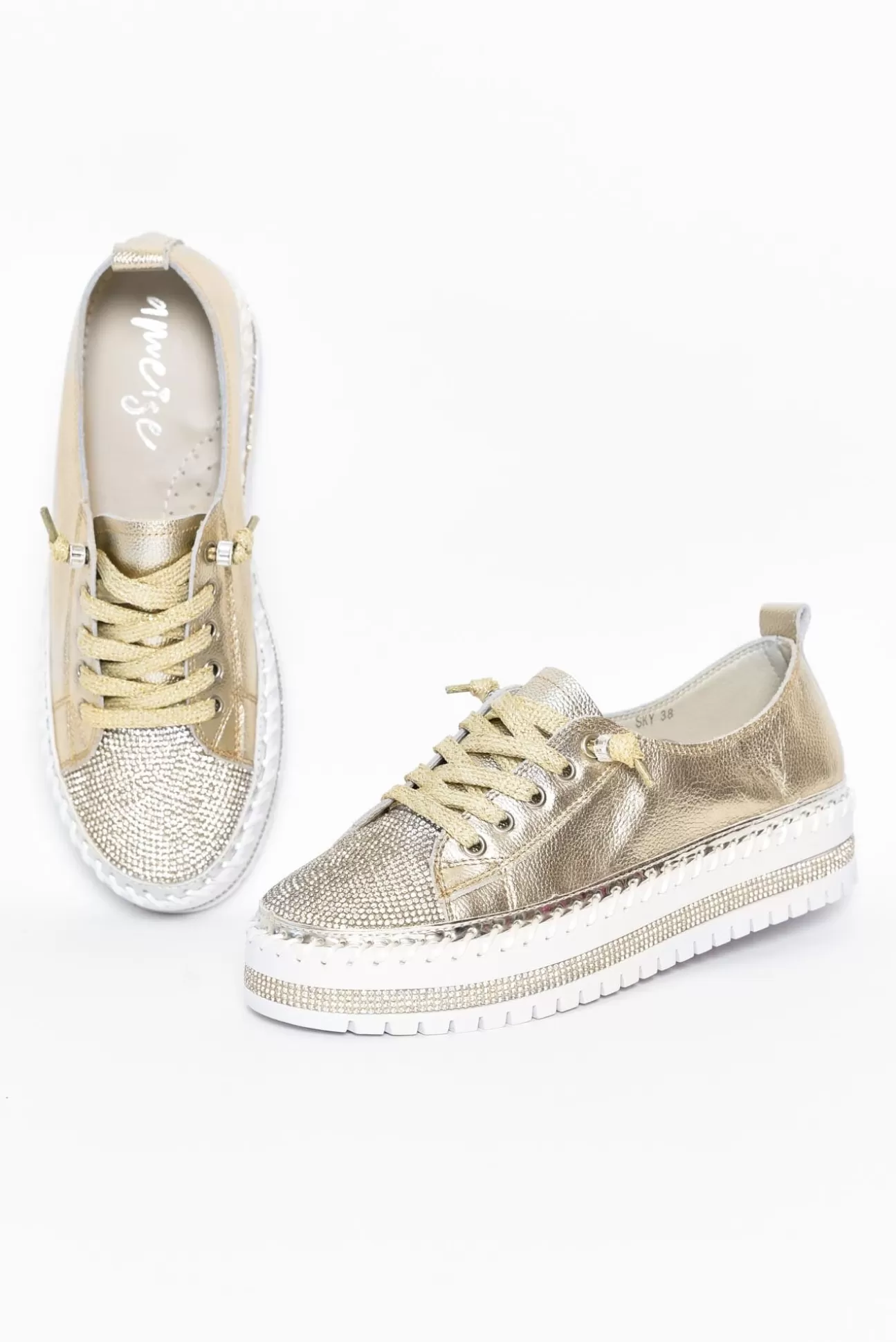 Ameise Sky Gold Leather Diamante Sneaker Fashion