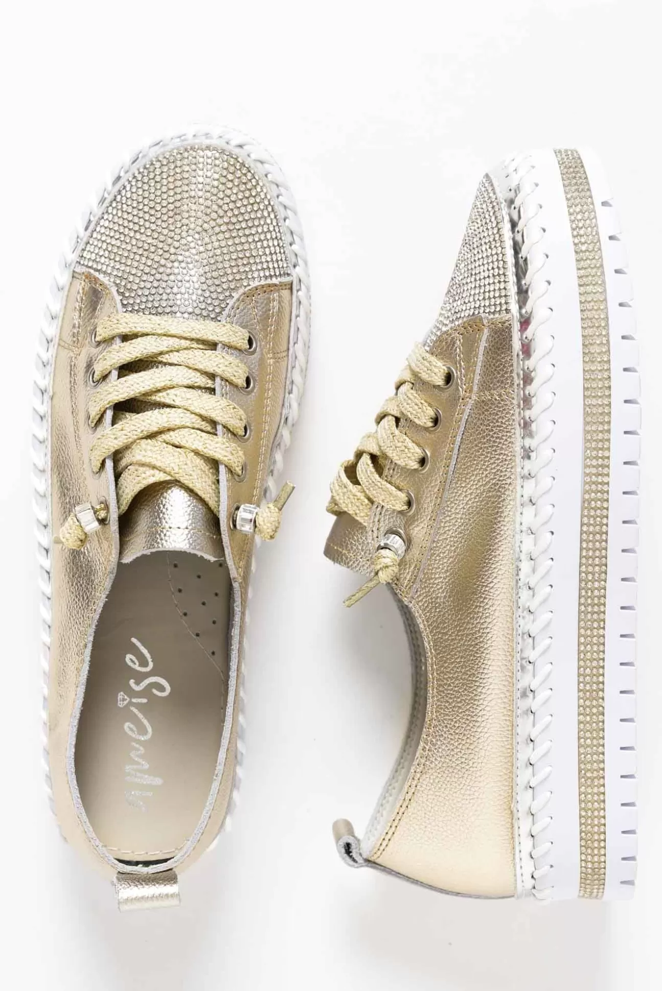 Ameise Sky Gold Leather Diamante Sneaker Fashion