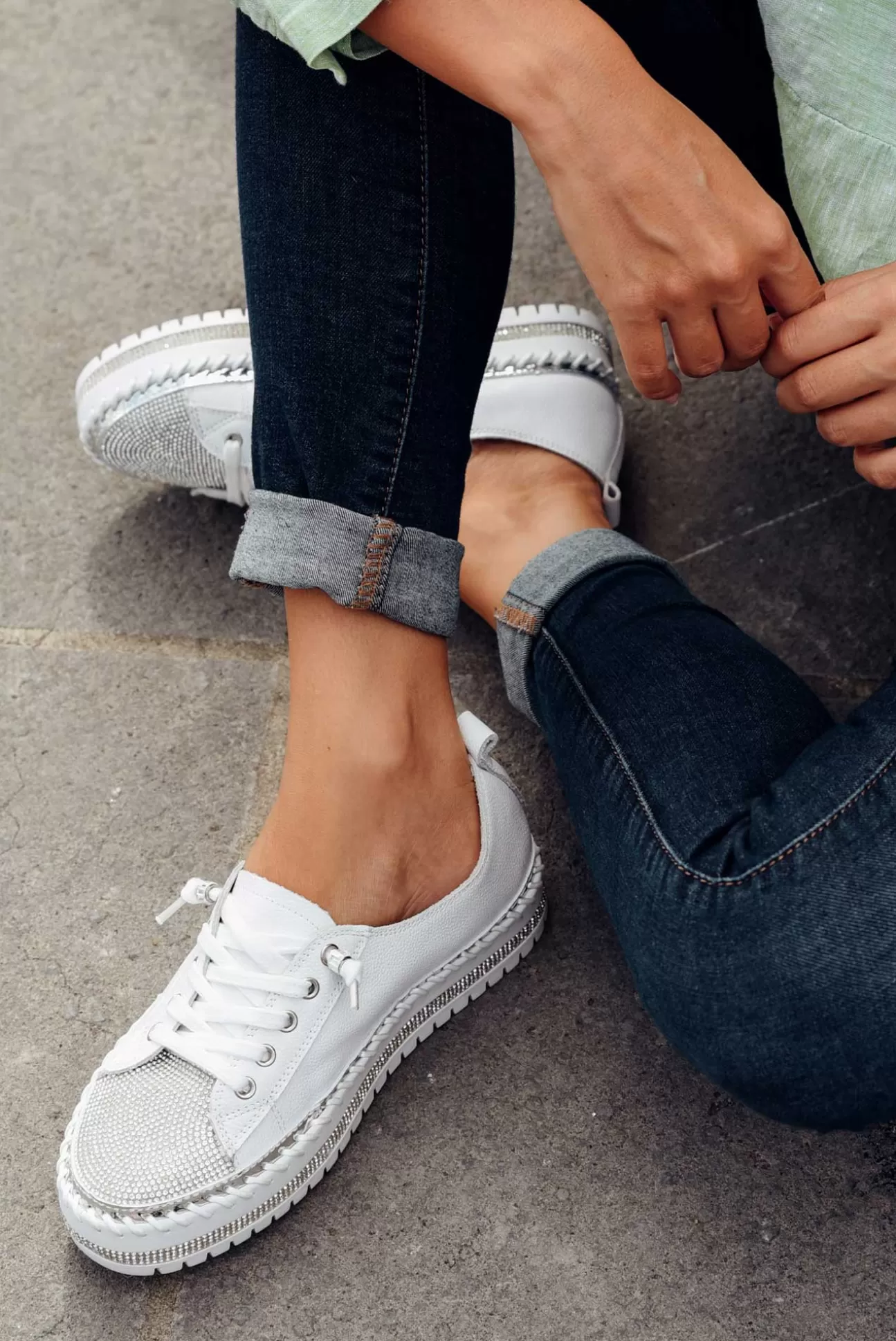 Ameise Sky White Leather Diamante Sneaker Shop