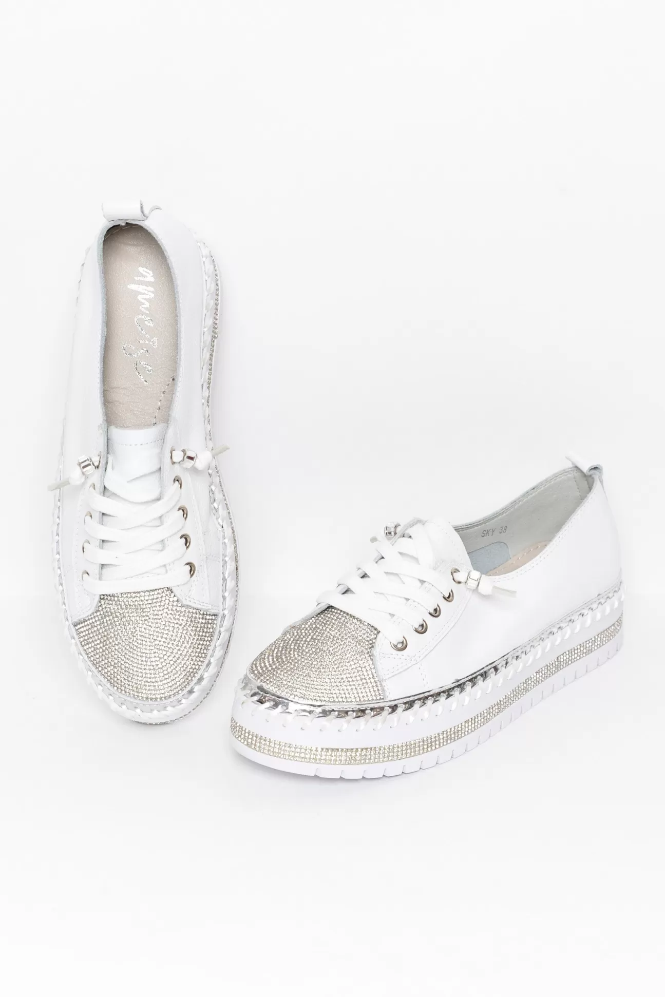 Ameise Sky White Leather Diamante Sneaker Shop