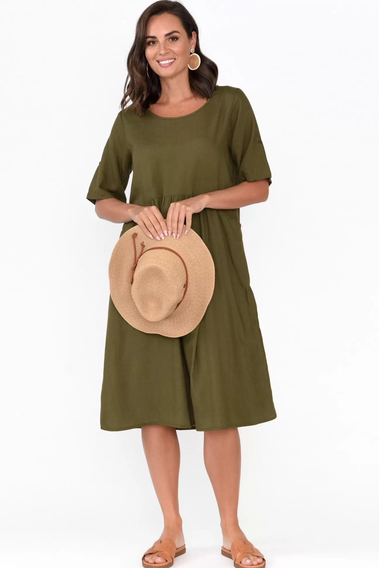 One Summer Sloane Olive Cotton Blend Dress Hot