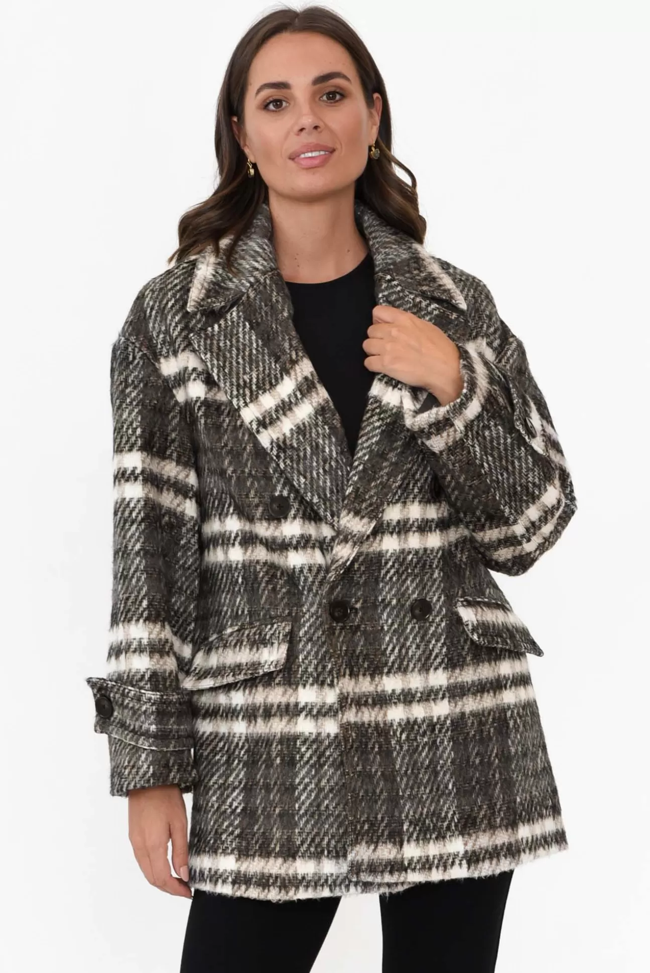 Fate Becker Songbird Charcoal Check Oversized Short Coat Discount