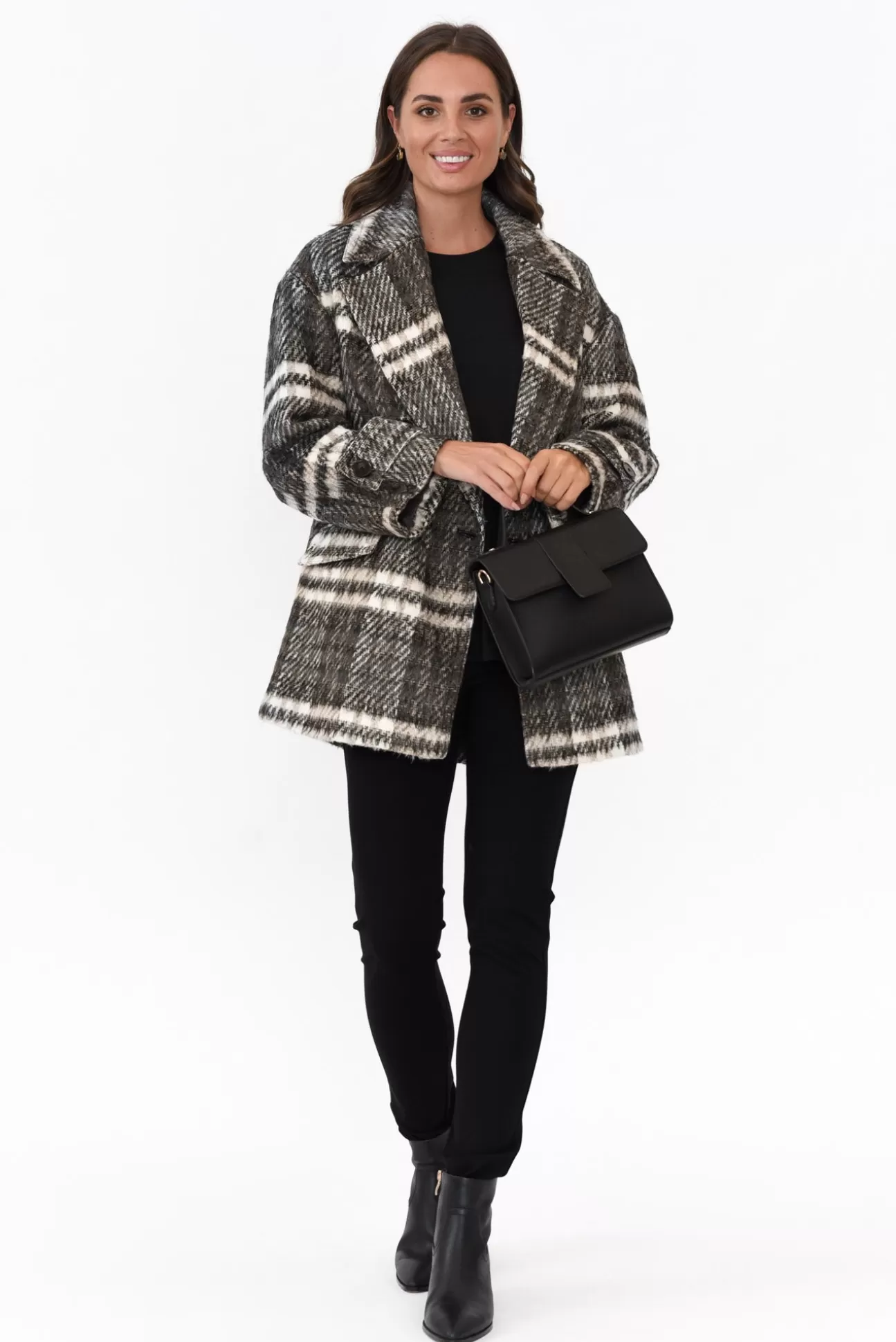 Fate Becker Songbird Charcoal Check Oversized Short Coat Discount