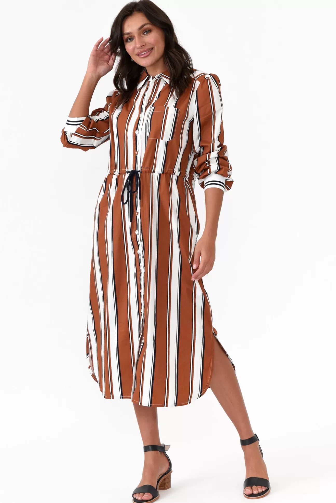 365 Days Sorrento Tan Stripe Cotton Shirt Dress Sale