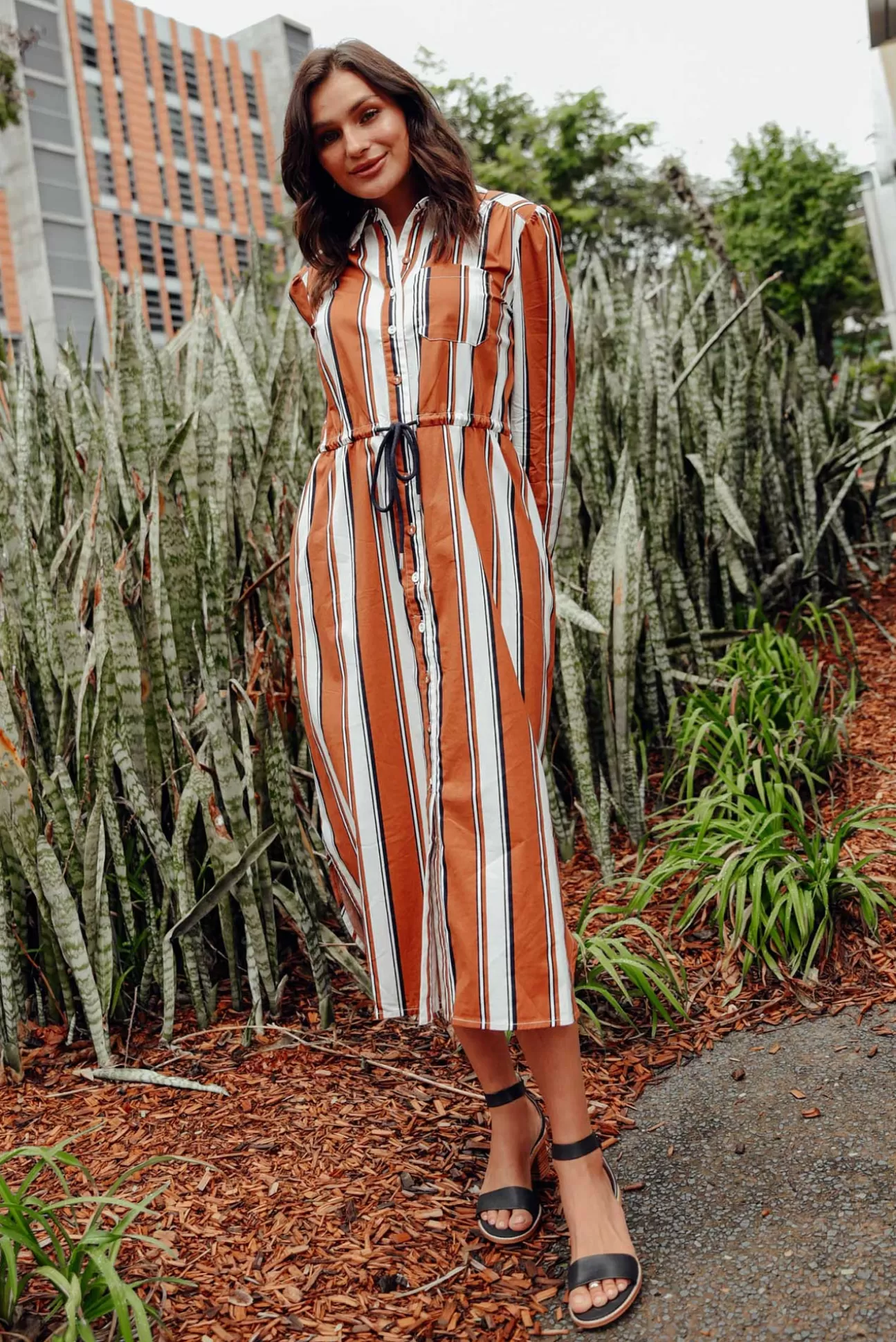 365 Days Sorrento Tan Stripe Cotton Shirt Dress Sale