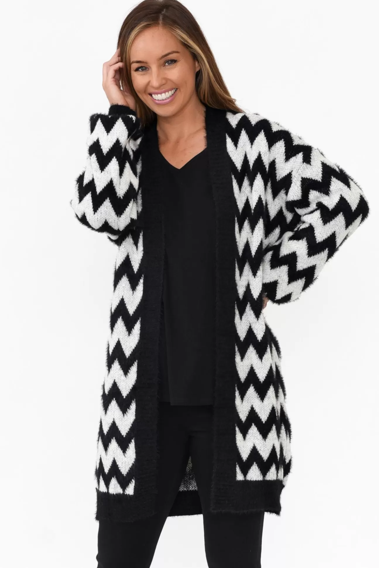 Isabella Boho Stacey Black Chevron Long Cardigan Best Sale