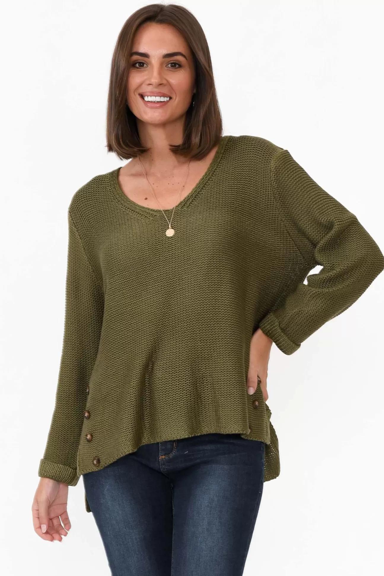 Willow Tree Stanley Olive Knit Button Jumper Flash Sale