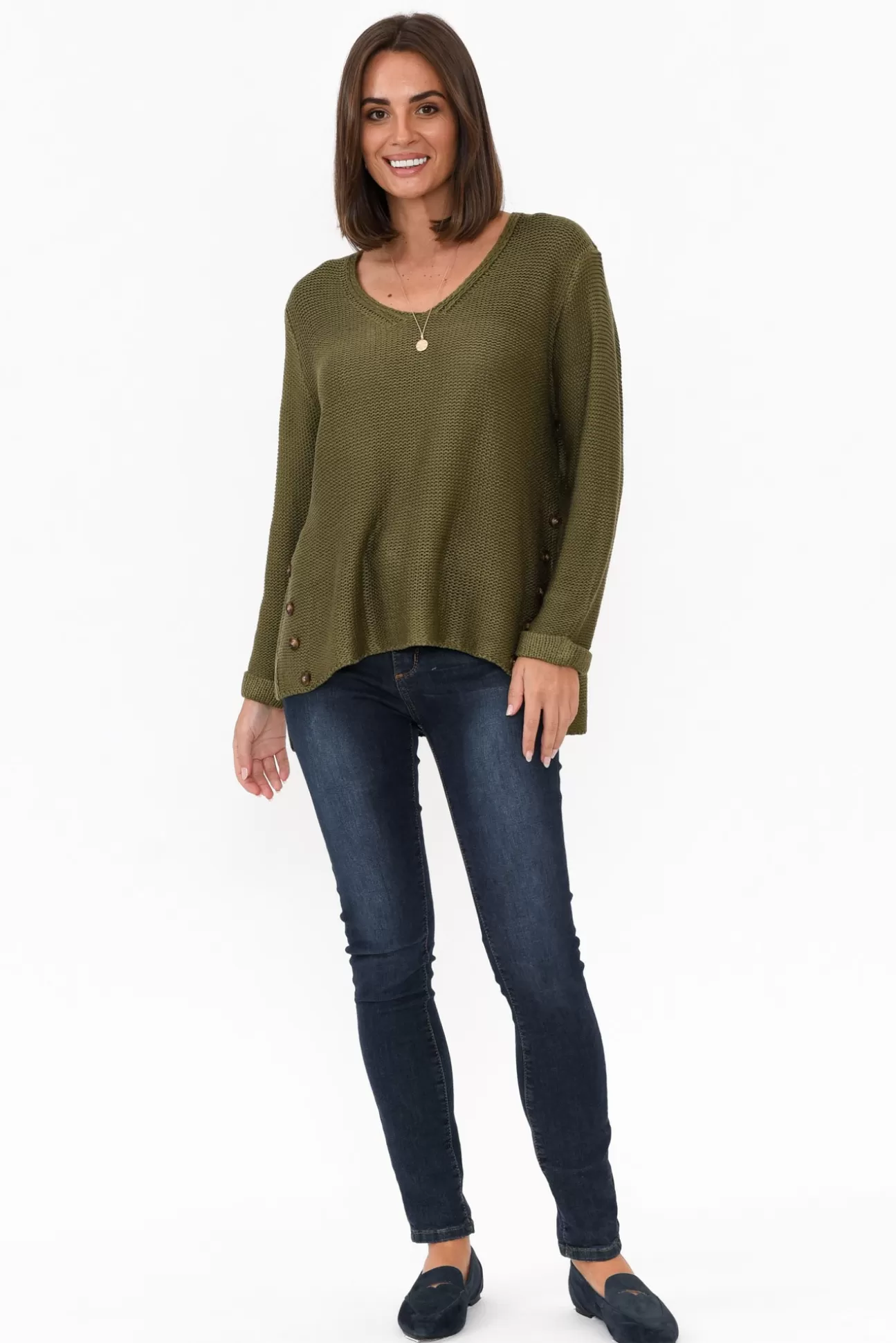 Willow Tree Stanley Olive Knit Button Jumper Flash Sale