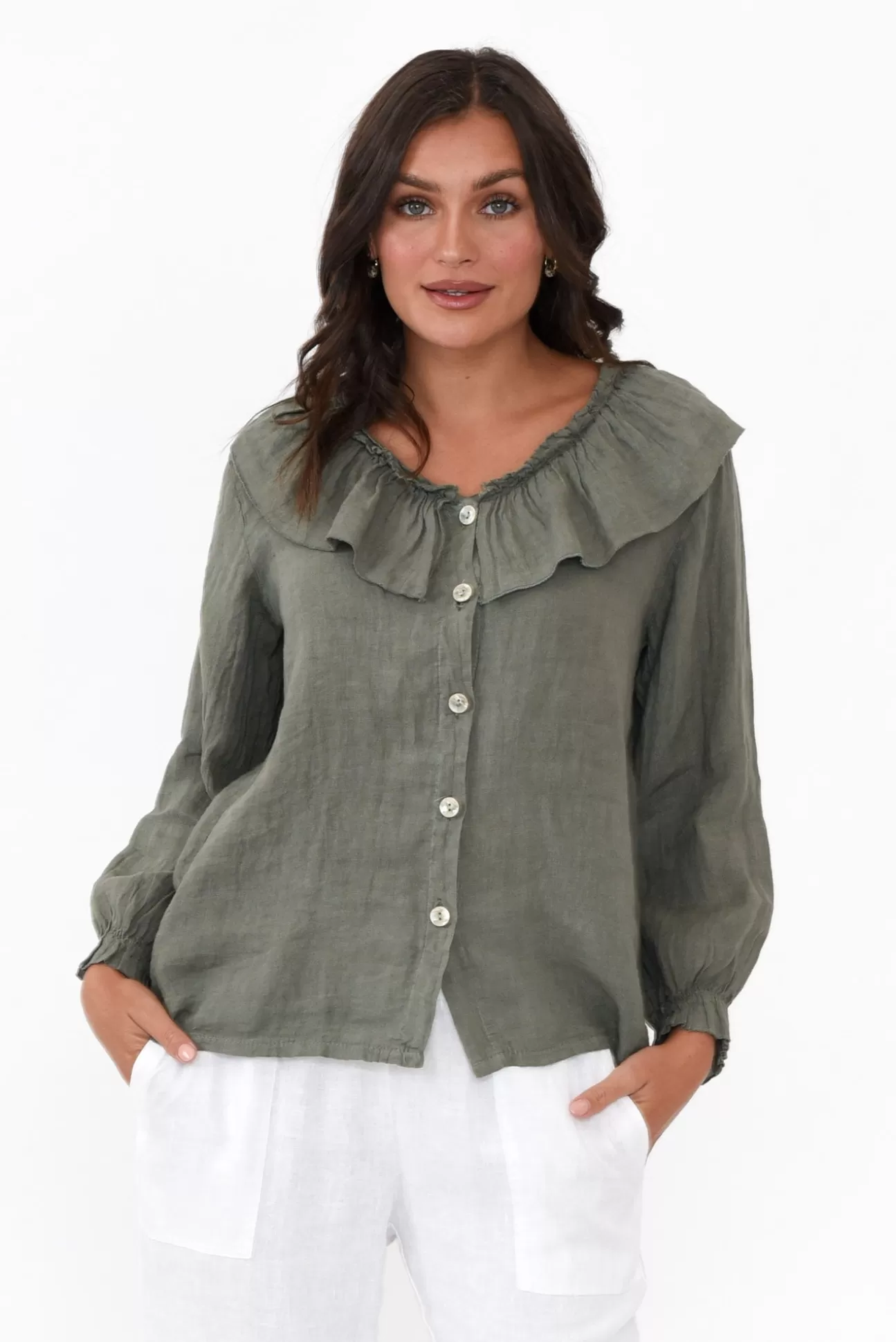 Fabuler Sullivan Khaki Linen Frill Top Best