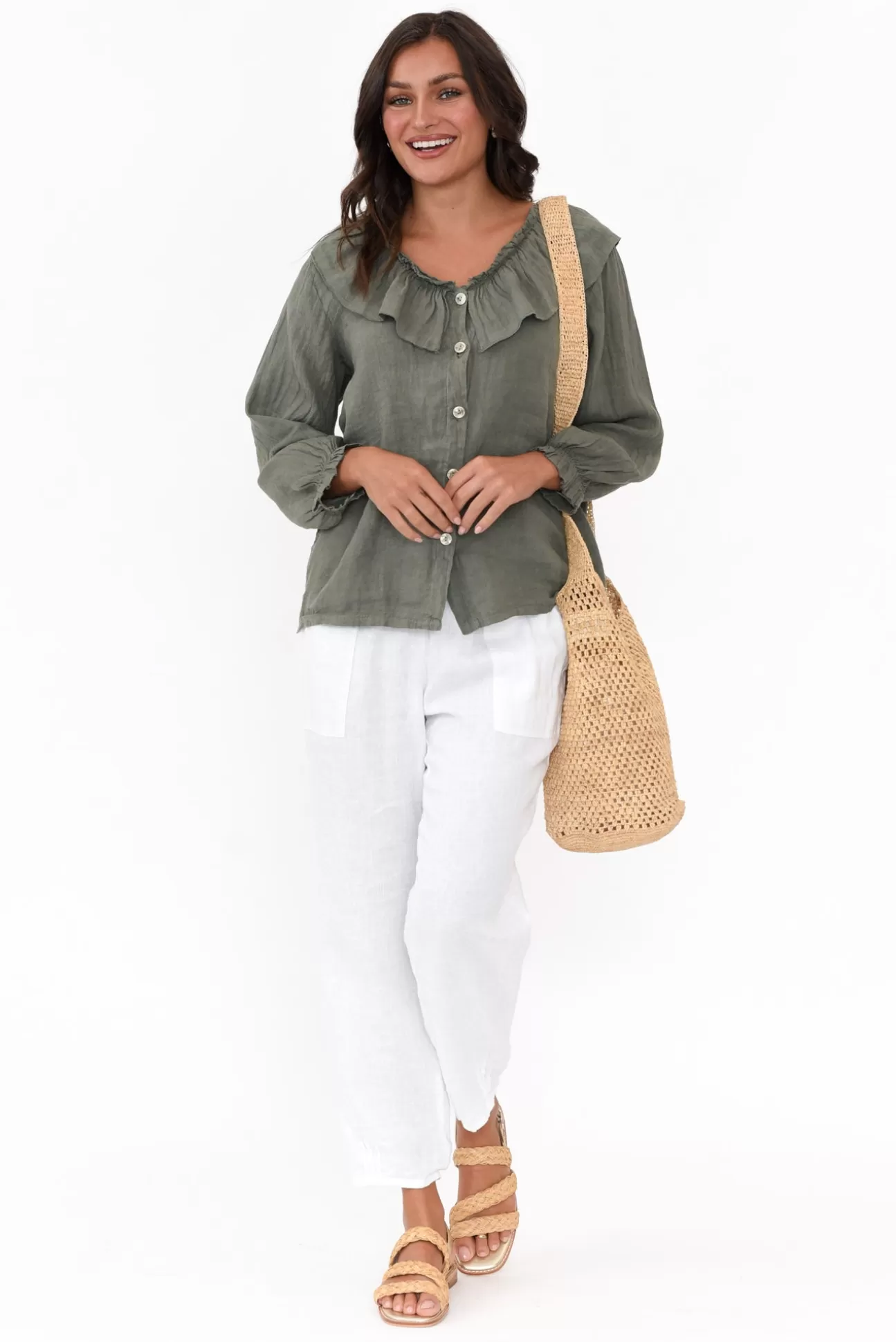 Fabuler Sullivan Khaki Linen Frill Top Best