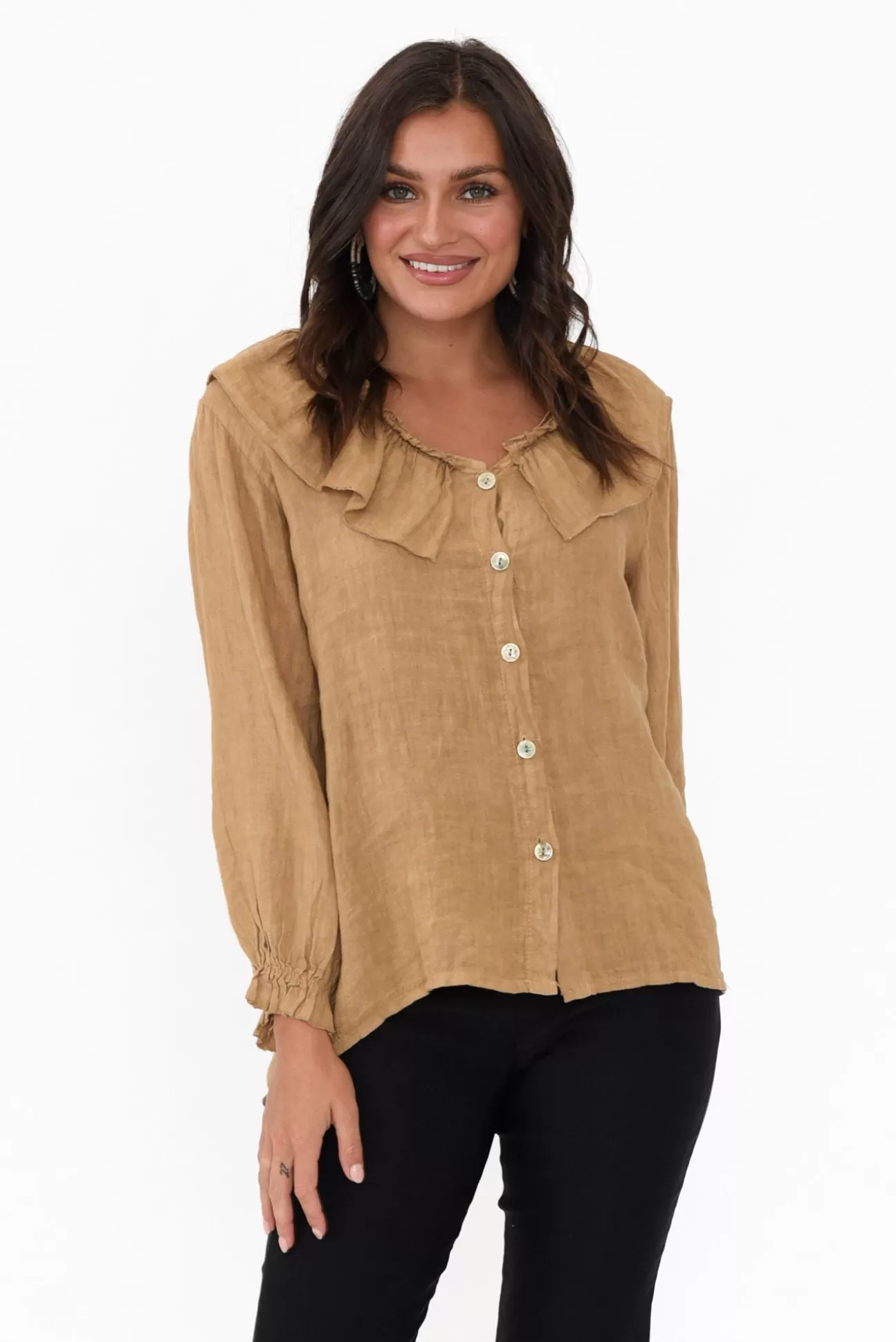 Fabuler Sullivan Tan Linen Frill Top Discount