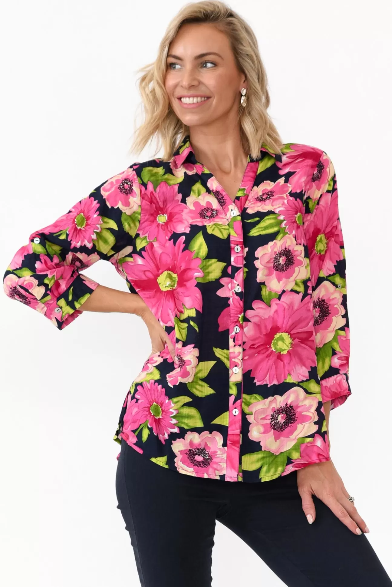 Willow Tree Tabitha Navy Blossom Collared Shirt Fashion