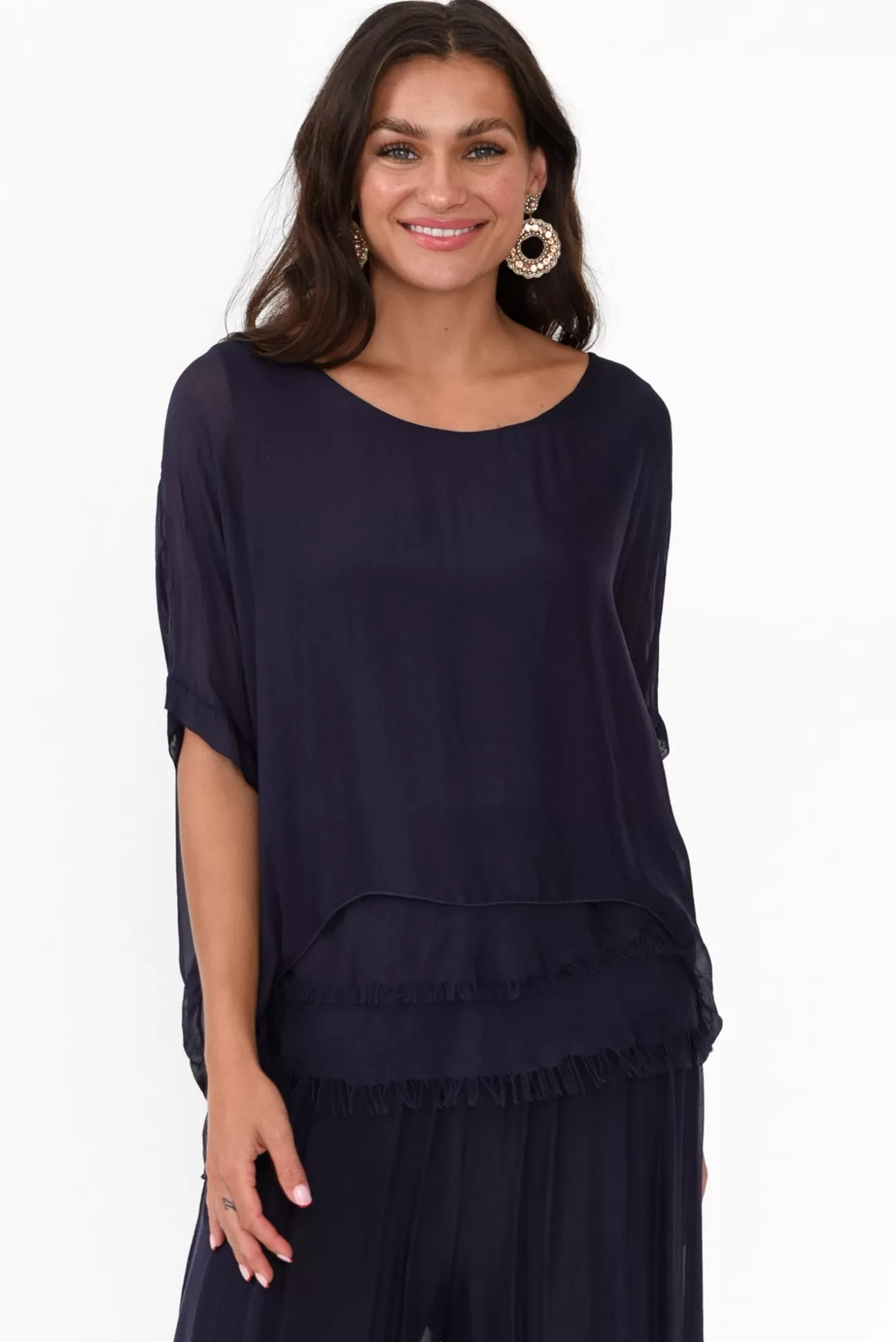 La Strada Talia Navy Silk Layer Top New