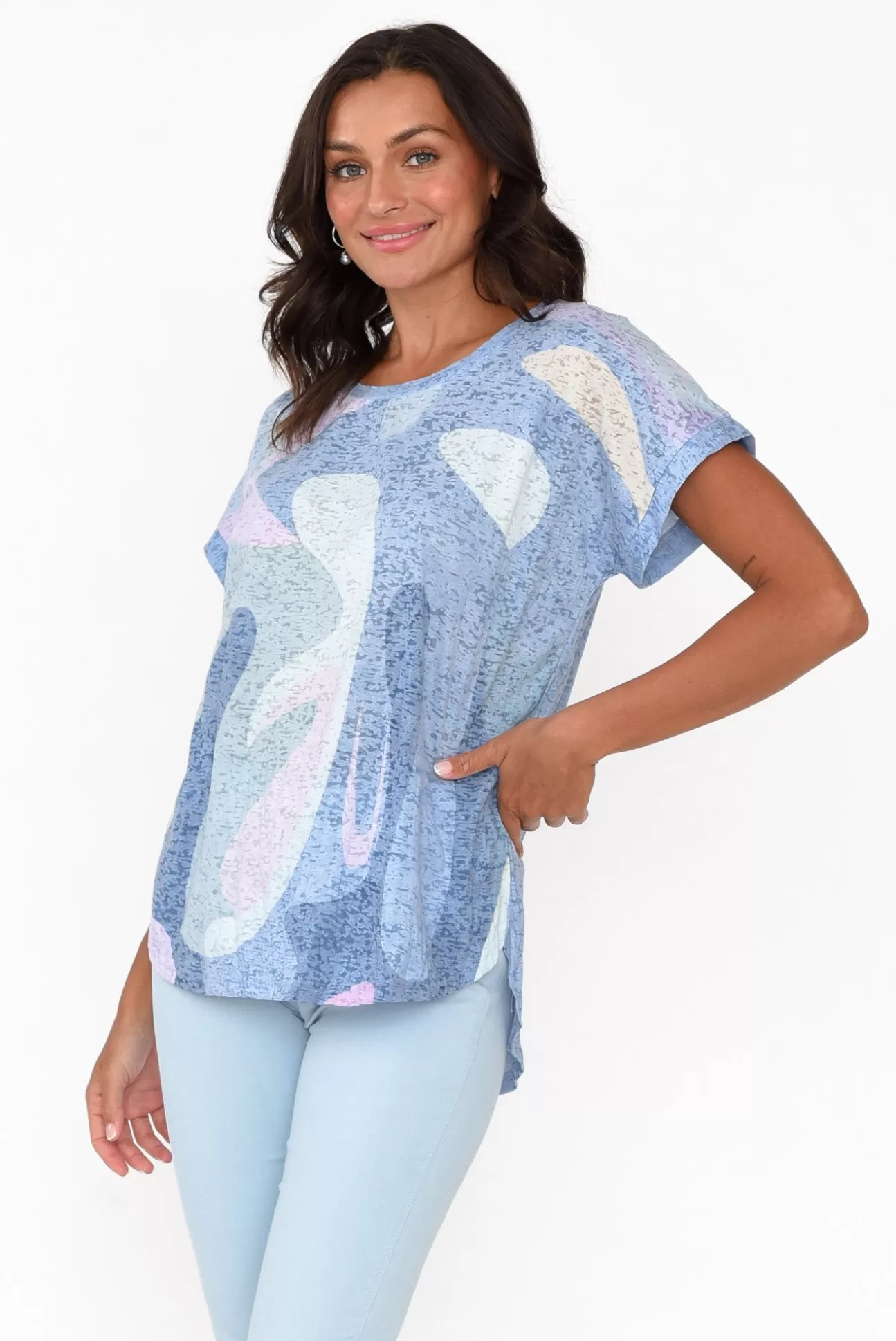 Cafe Latte Talisa Blue Abstract Cotton Blend Tee Fashion