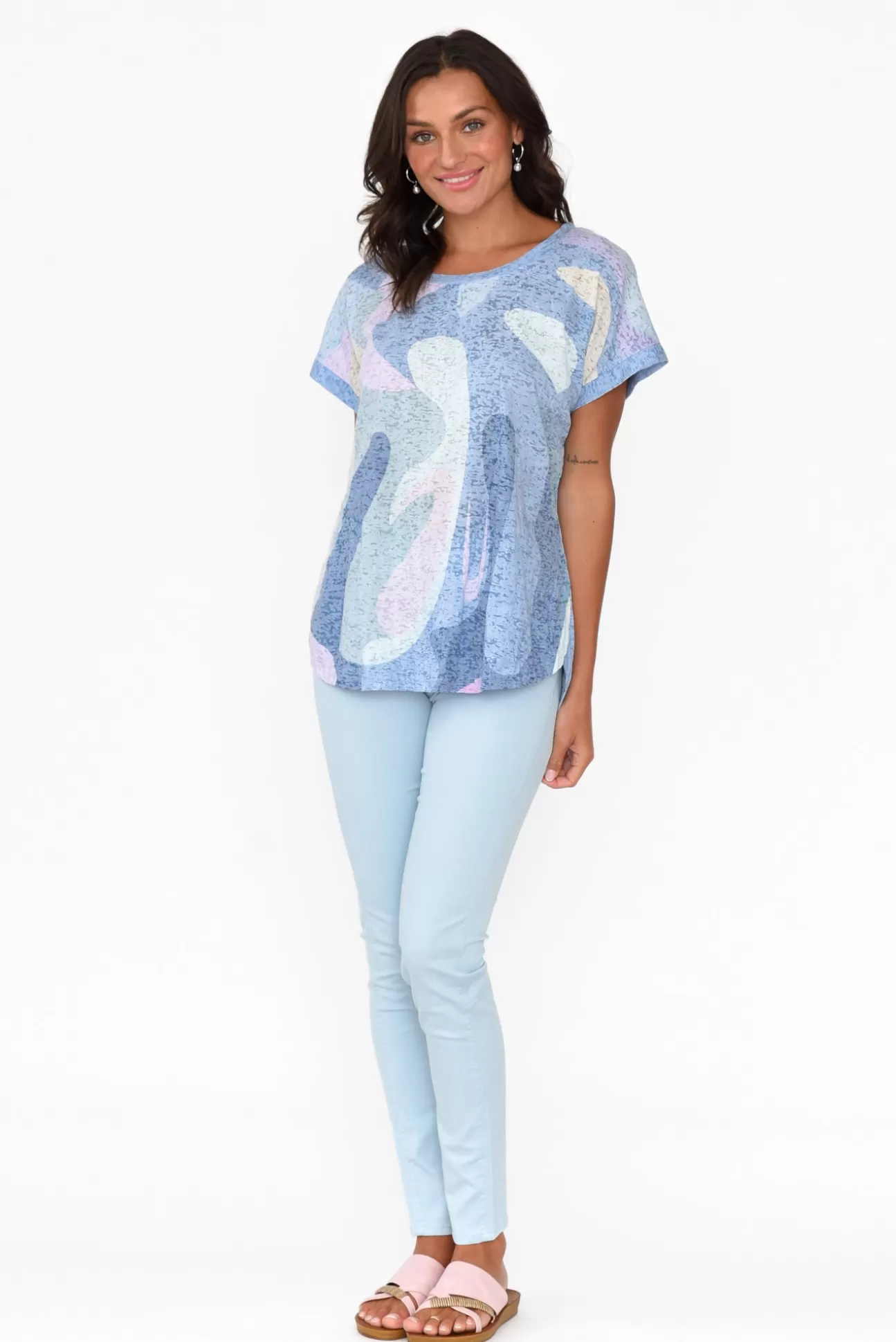 Cafe Latte Talisa Blue Abstract Cotton Blend Tee Fashion