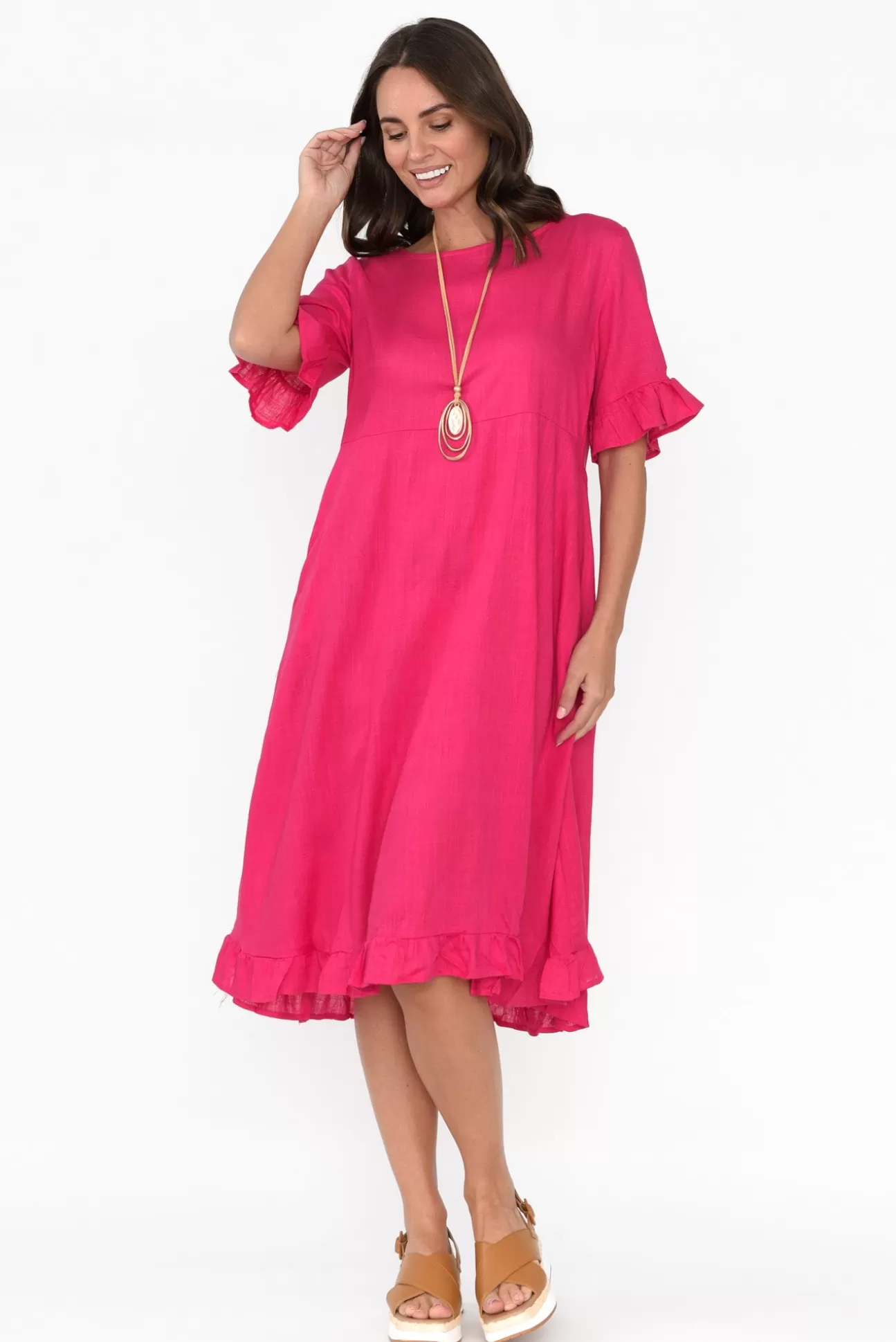 Ruby Rain Tamsen Hot Pink Linen Cotton Ruffle Dress Sale