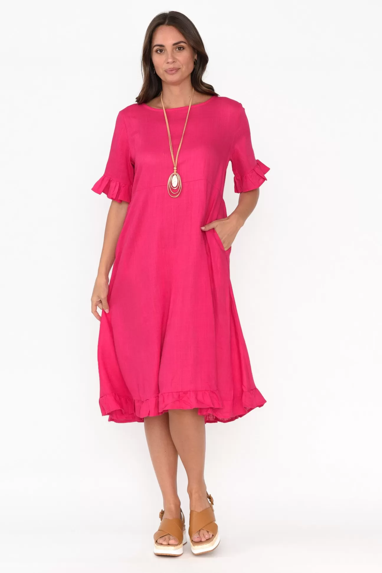 Ruby Rain Tamsen Hot Pink Linen Cotton Ruffle Dress Sale