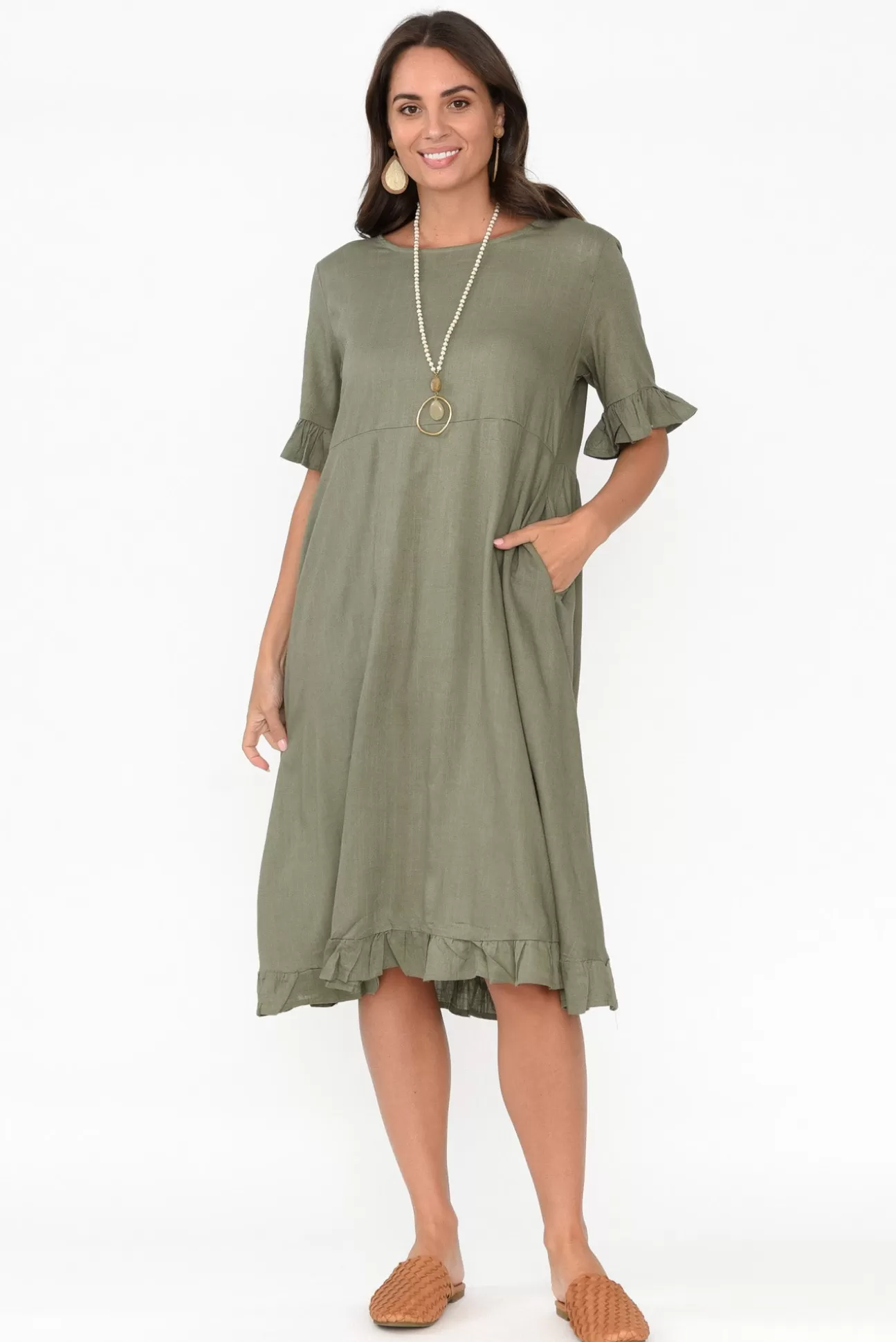 Ruby Rain Tamsen Khaki Linen Cotton Ruffle Dress Cheap