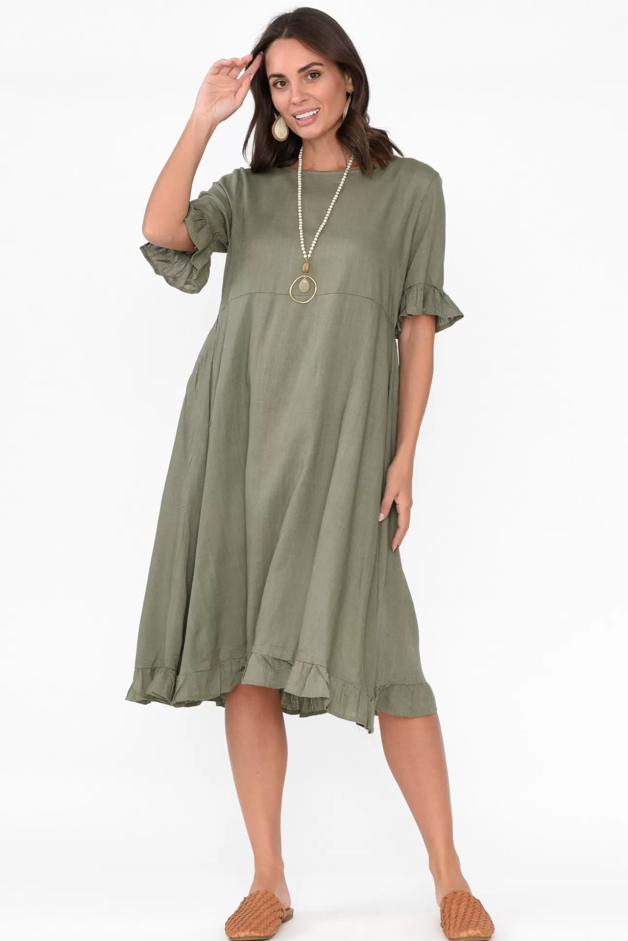 Ruby Rain Tamsen Khaki Linen Cotton Ruffle Dress Cheap