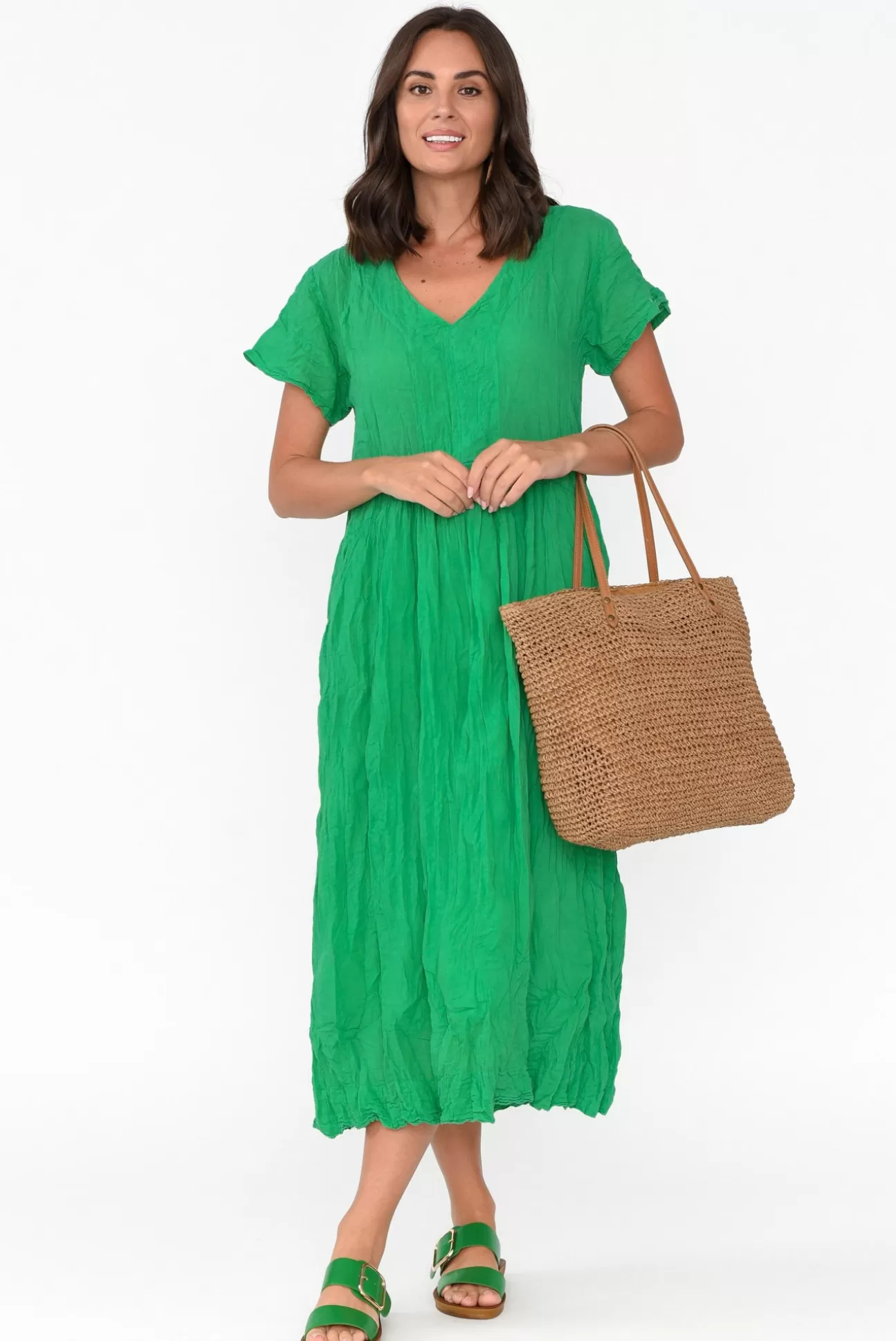 Namastai Tamsin Green Crinkle Cotton Maxi Dress Shop