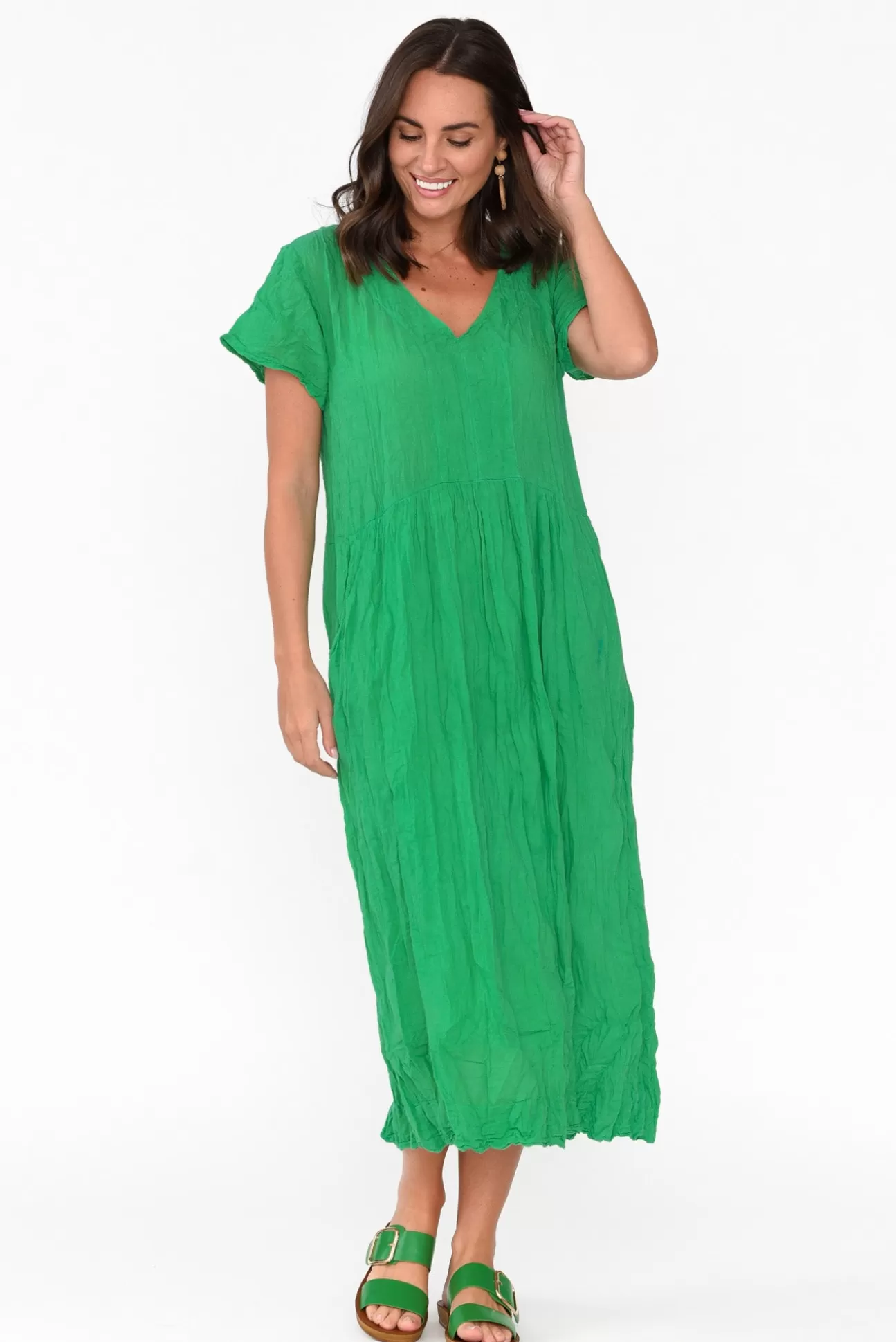 Namastai Tamsin Green Crinkle Cotton Maxi Dress Shop