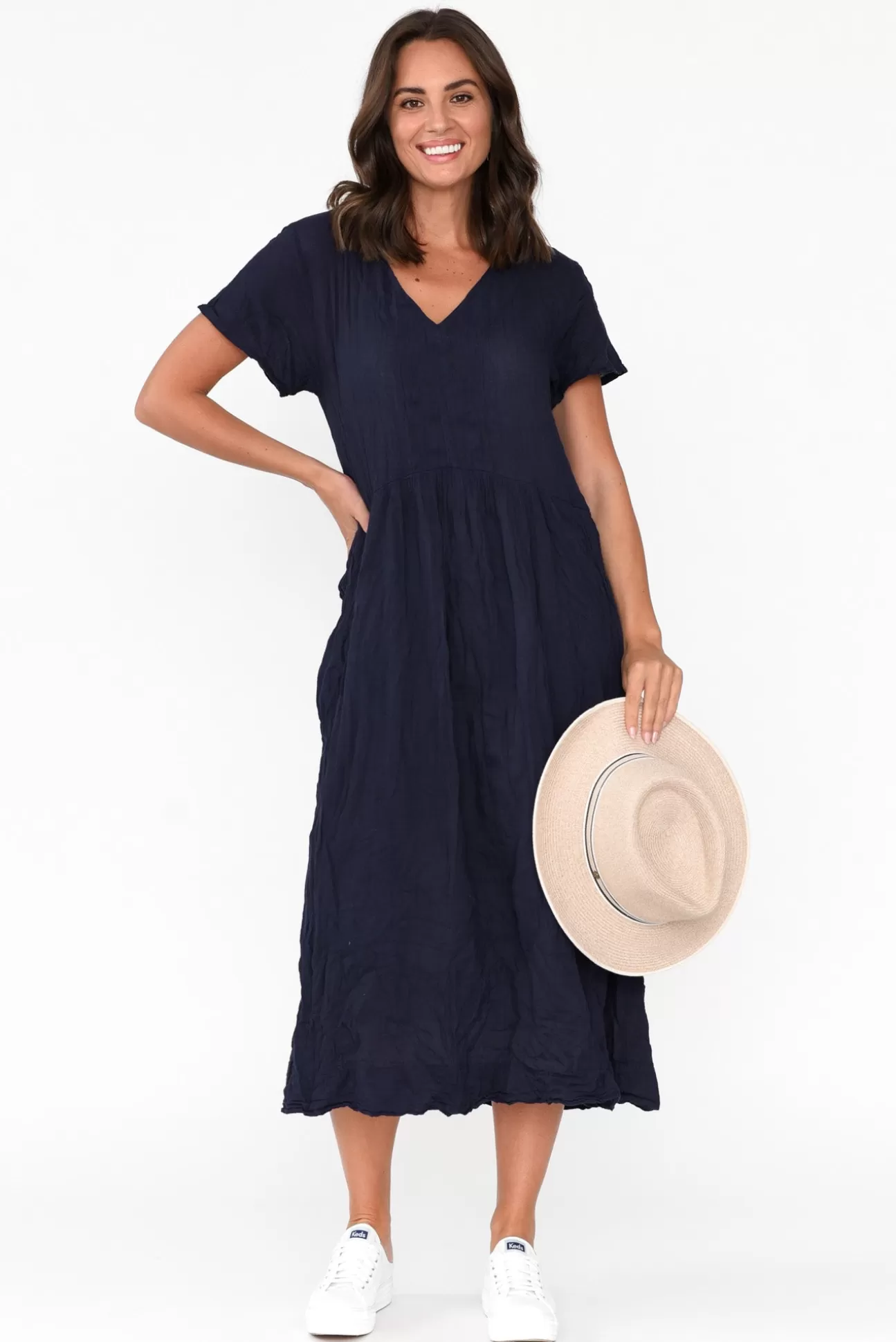 Namastai Tamsin Navy Crinkle Cotton Maxi Dress New