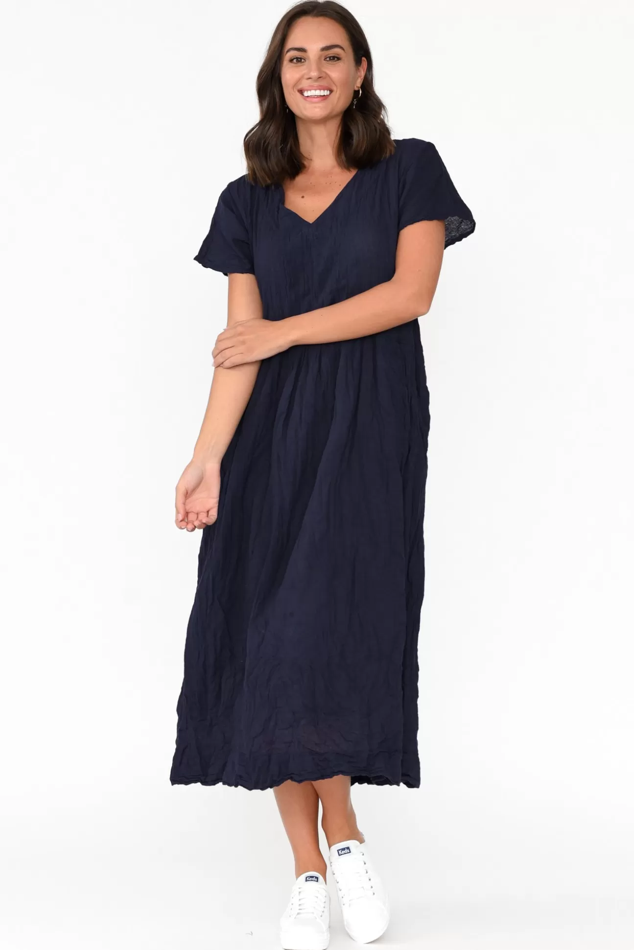 Namastai Tamsin Navy Crinkle Cotton Maxi Dress New