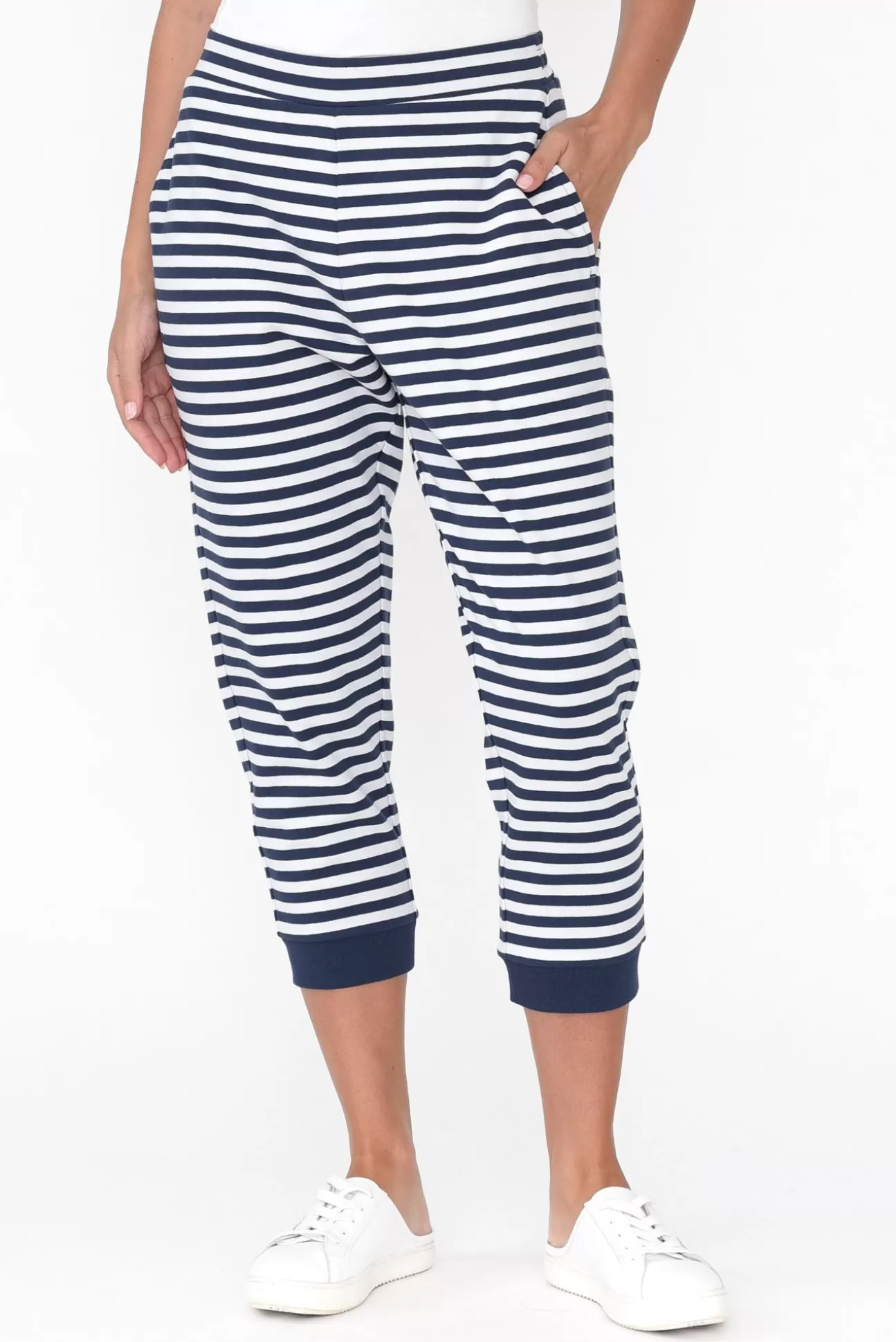 Betty Basics Tasha Navy Stripe Cotton Blend Jogger Pant Outlet