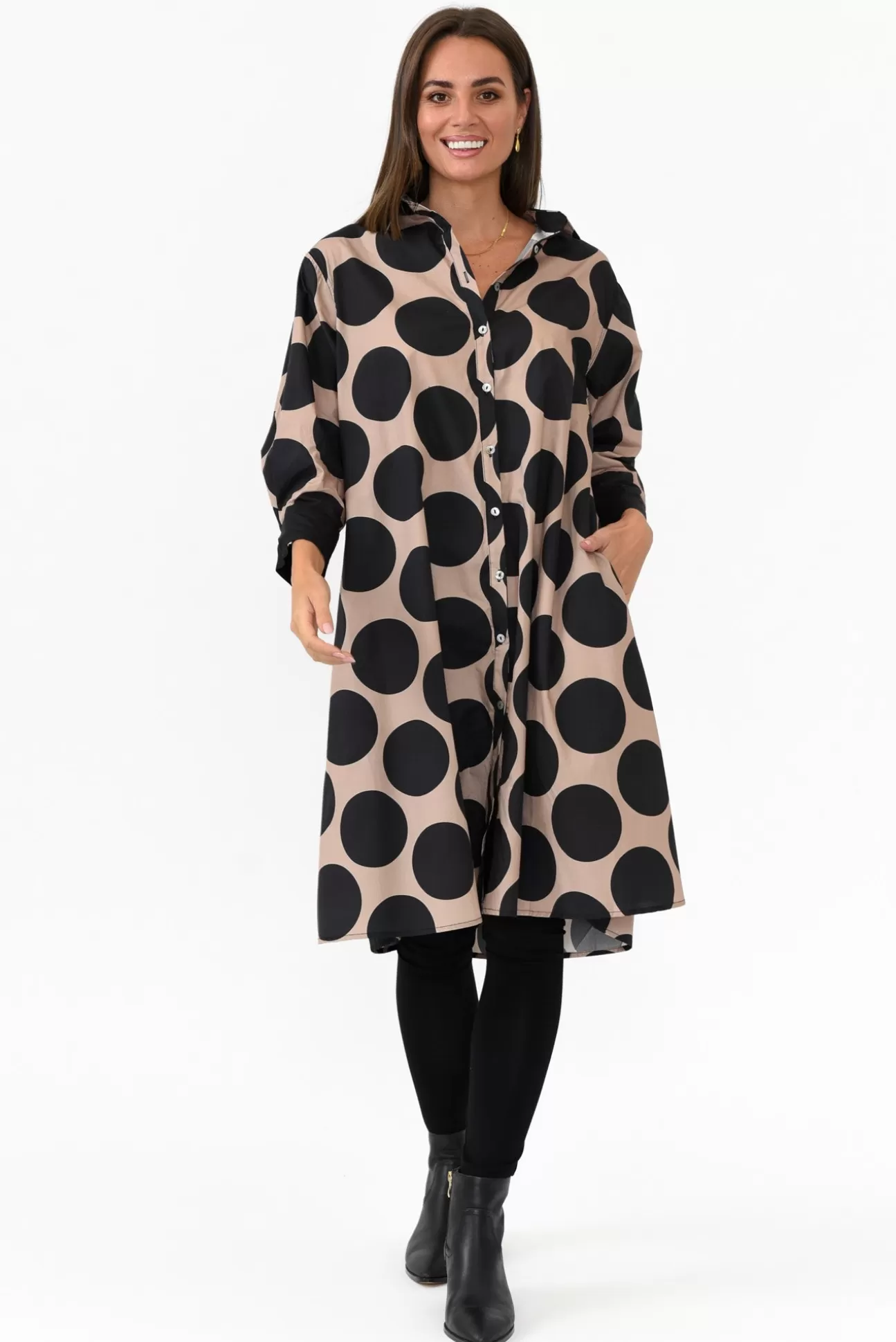 Soul Sparrow Tasha Tan Spot Cotton Button Dress Sale