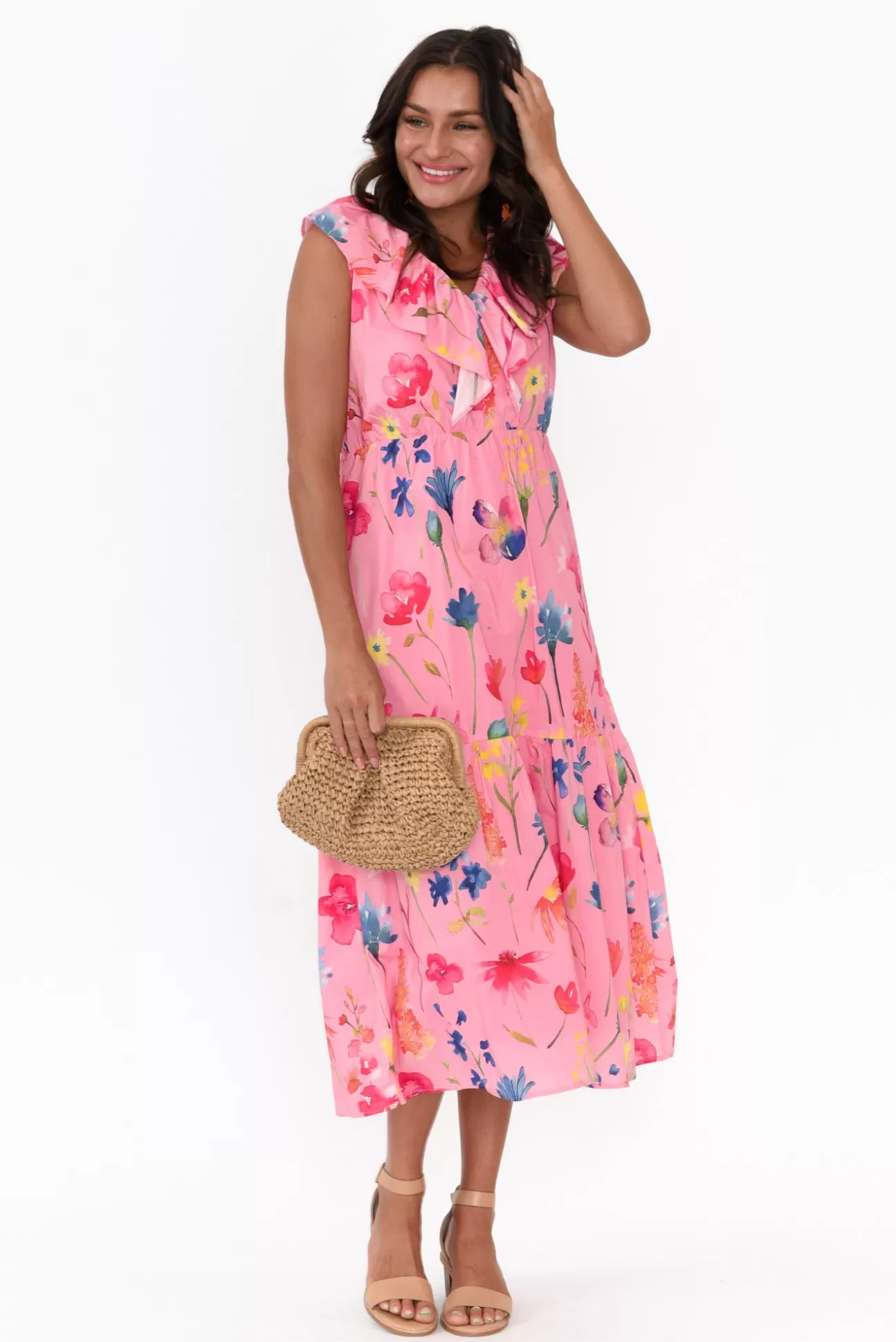 Liberty Rose Thea Pink Flower Cotton Poplin Frill Dress Sale