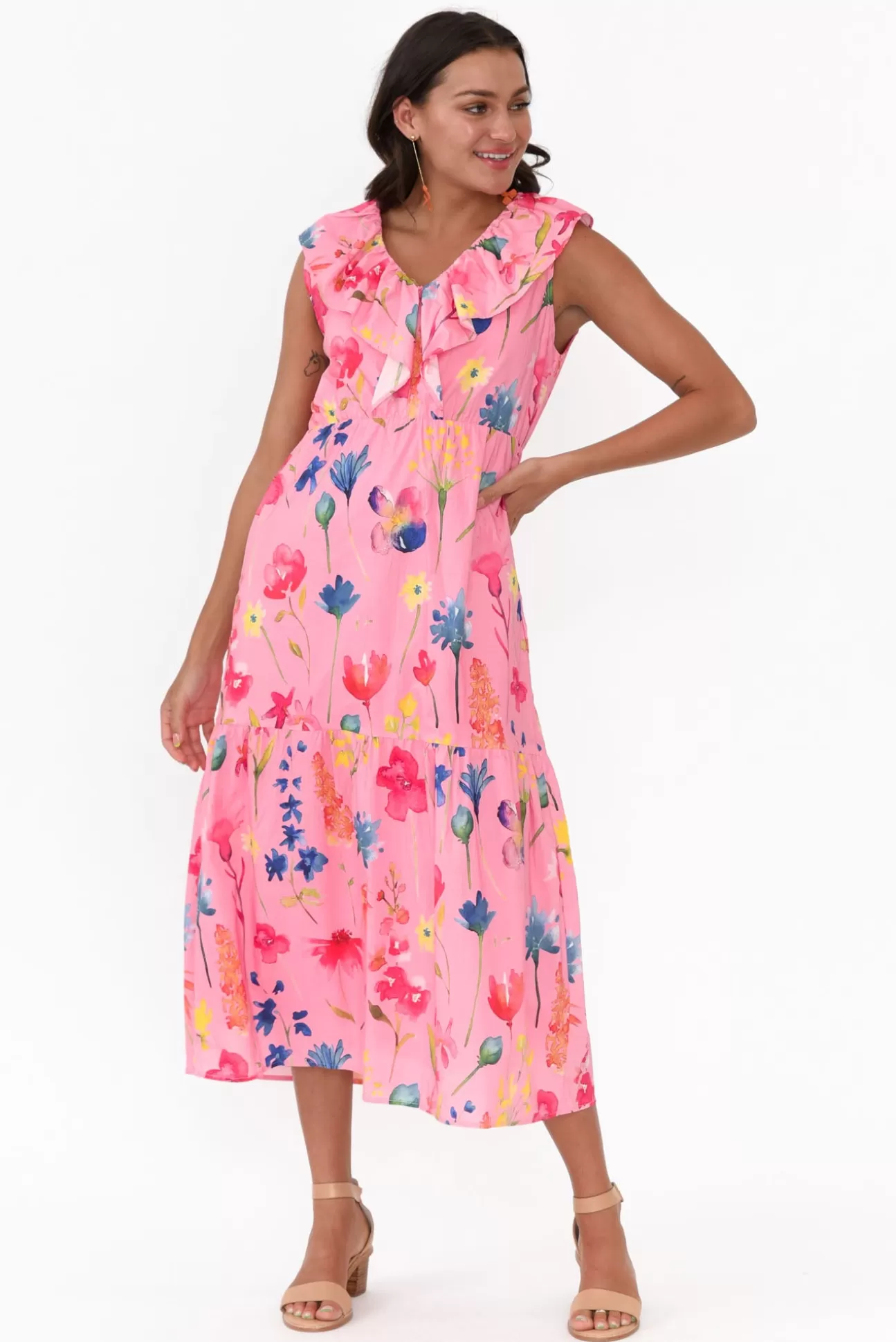 Liberty Rose Thea Pink Flower Cotton Poplin Frill Dress Sale