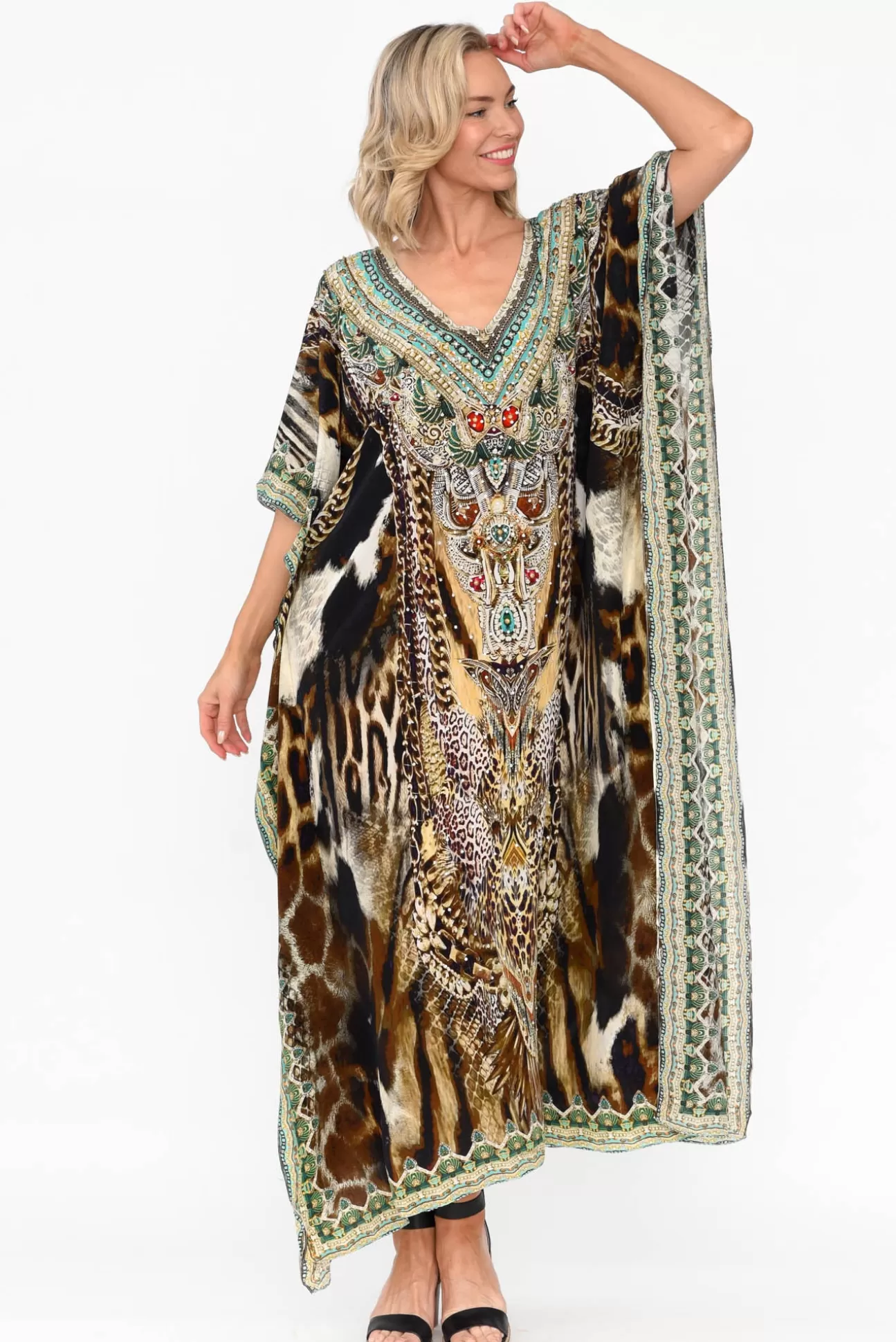 Fashion Spectrum Tiger Brown Silk Maxi Kaftan Clearance