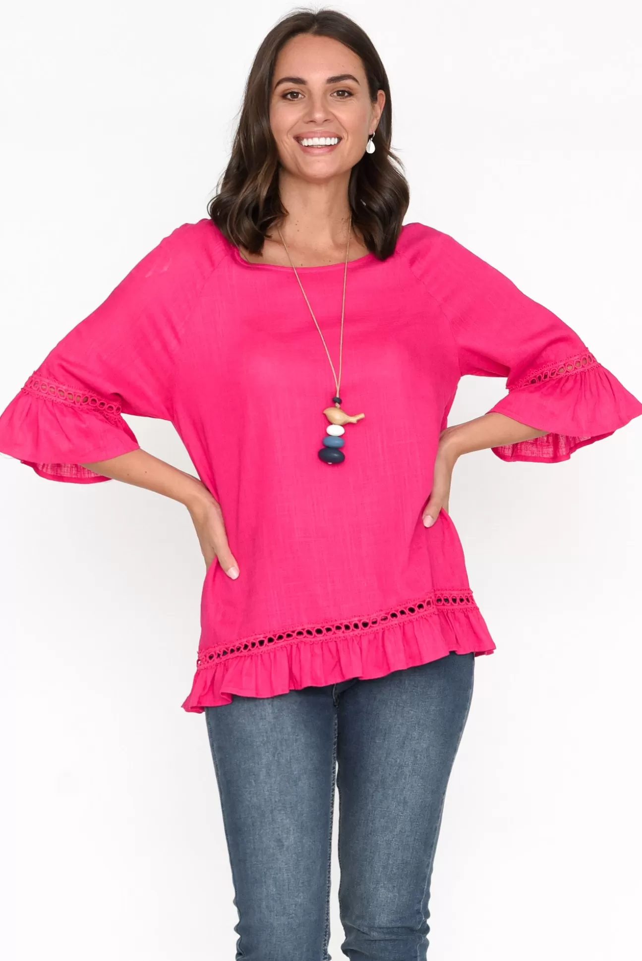 Ruby Rain Tinker Hot Pink Linen Cotton Ruffle Top Outlet