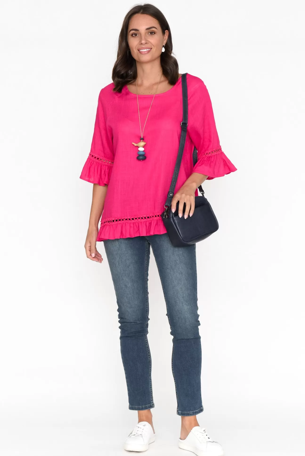 Ruby Rain Tinker Hot Pink Linen Cotton Ruffle Top Outlet