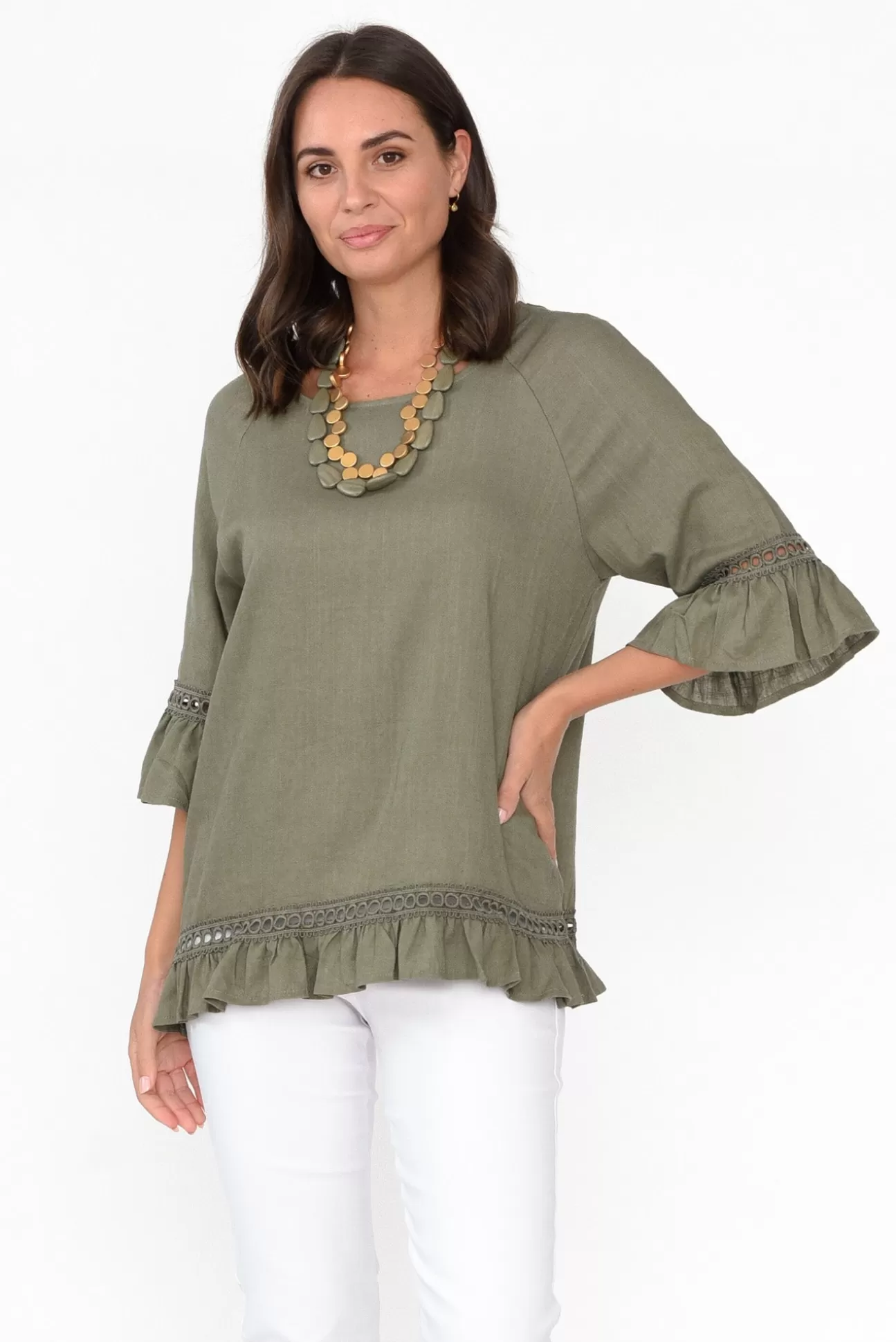 Ruby Rain Tinker Khaki Linen Cotton Ruffle Top Discount