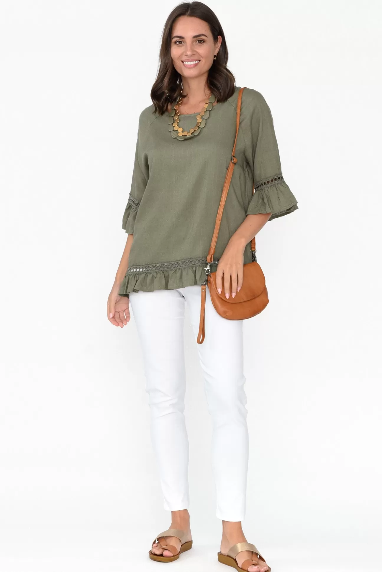 Ruby Rain Tinker Khaki Linen Cotton Ruffle Top Discount