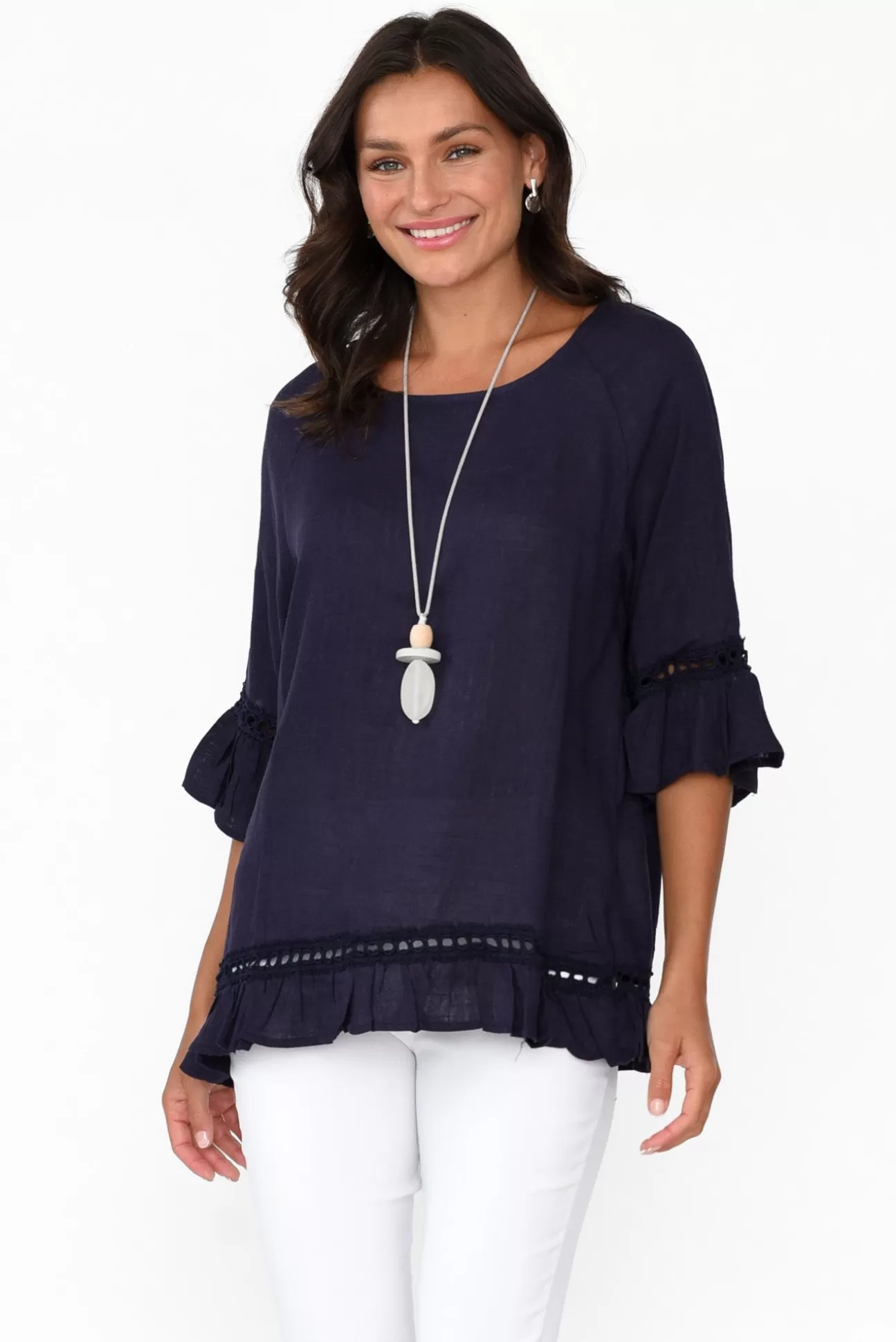 Ruby Rain Tinker Navy Linen Cotton Ruffle Top Shop