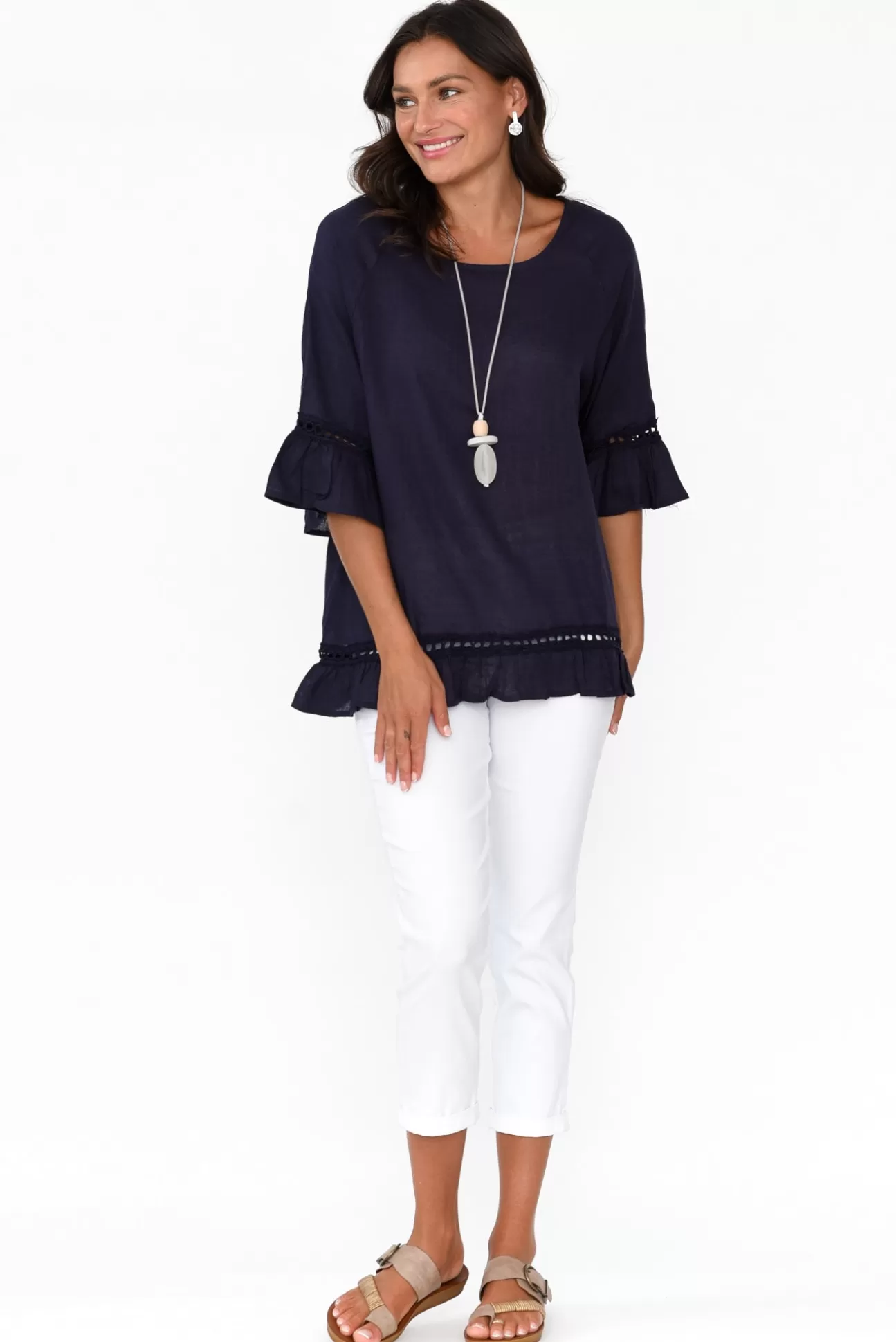 Ruby Rain Tinker Navy Linen Cotton Ruffle Top Shop