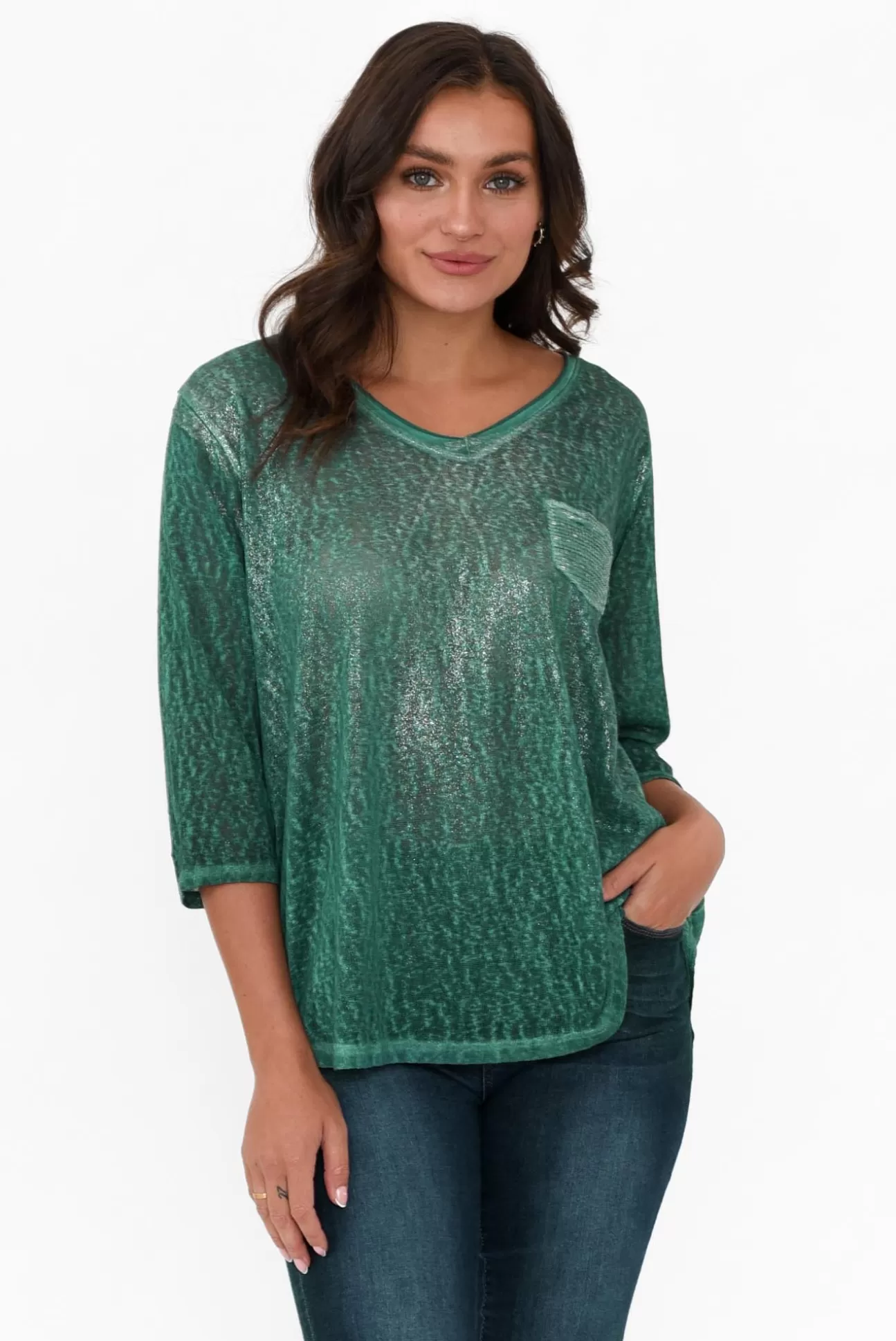 La Strada Tinsley Teal Metallic Linen Blend Top Fashion