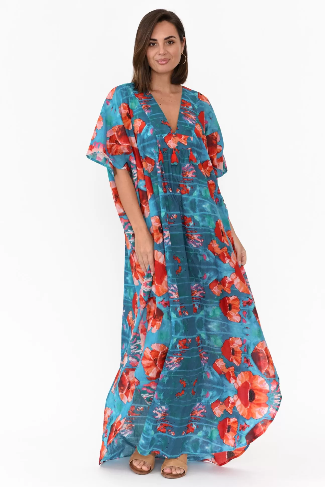 Mozaic Tiwi Orange Poppies Cotton Kaftan Flash Sale