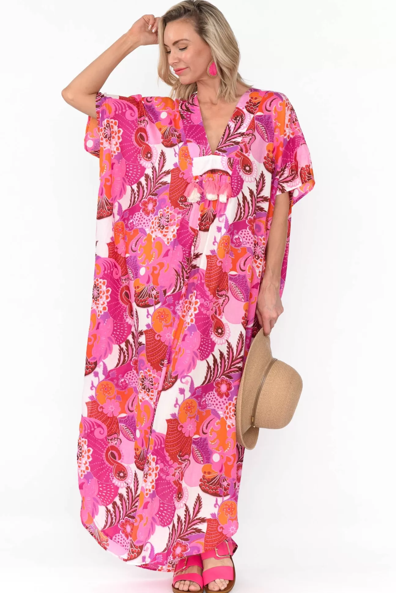 Mozaic Tiwi Pink Tropical Cotton Kaftan New