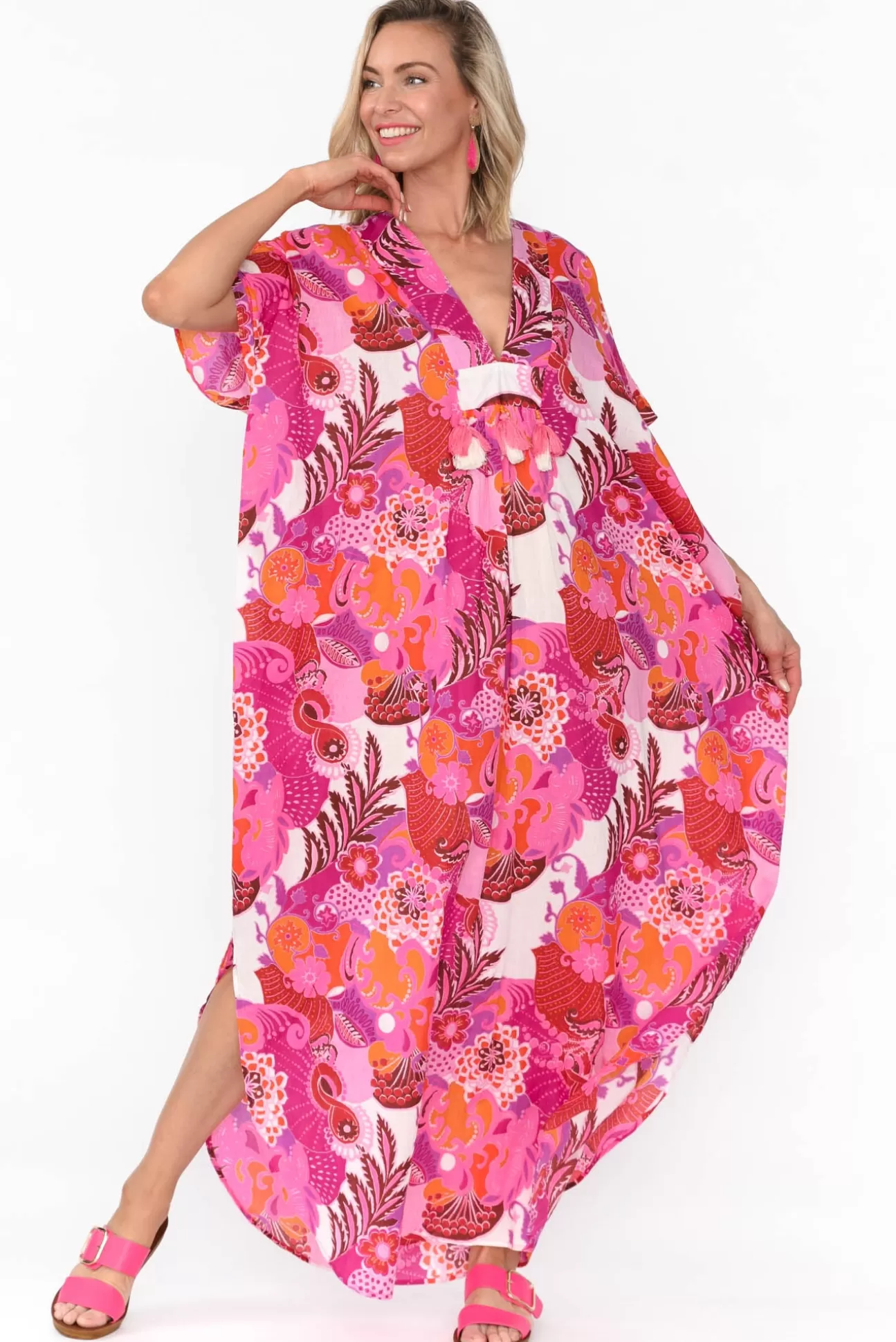 Mozaic Tiwi Pink Tropical Cotton Kaftan New