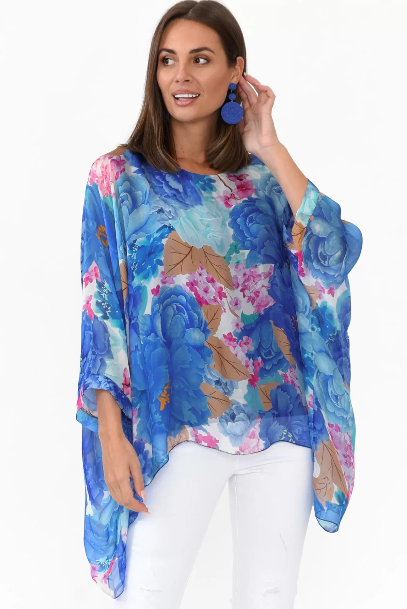 La Strada Trevino Cobalt Flower Silk Overlay Top Hot