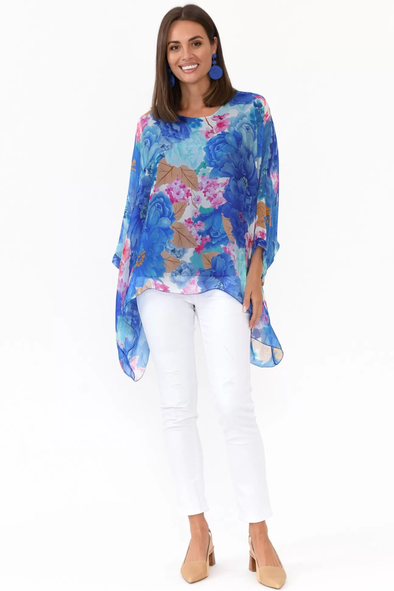 La Strada Trevino Cobalt Flower Silk Overlay Top Hot