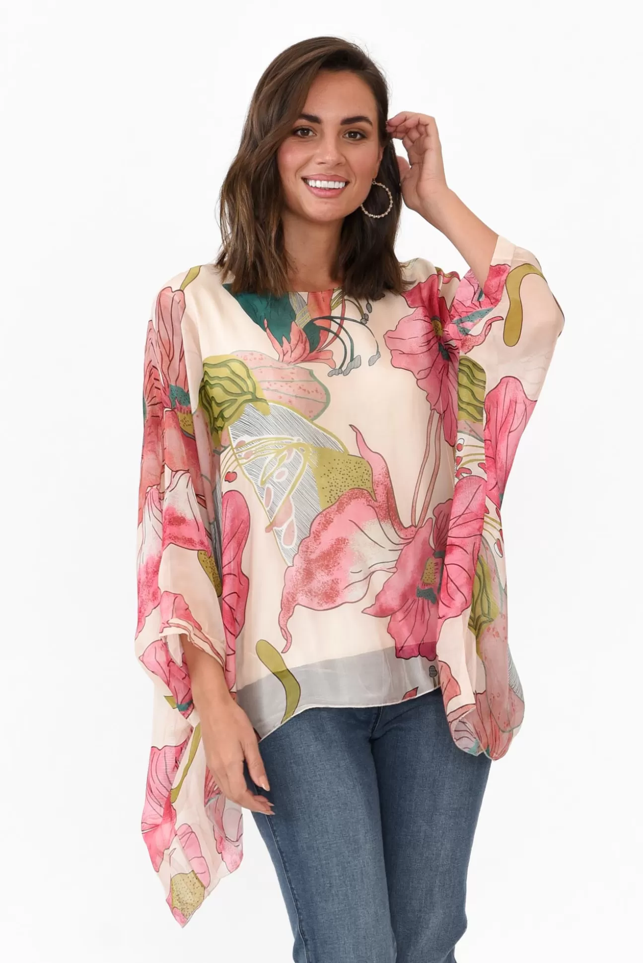 La Strada Trevino Pink Flower Silk Overlay Top Sale